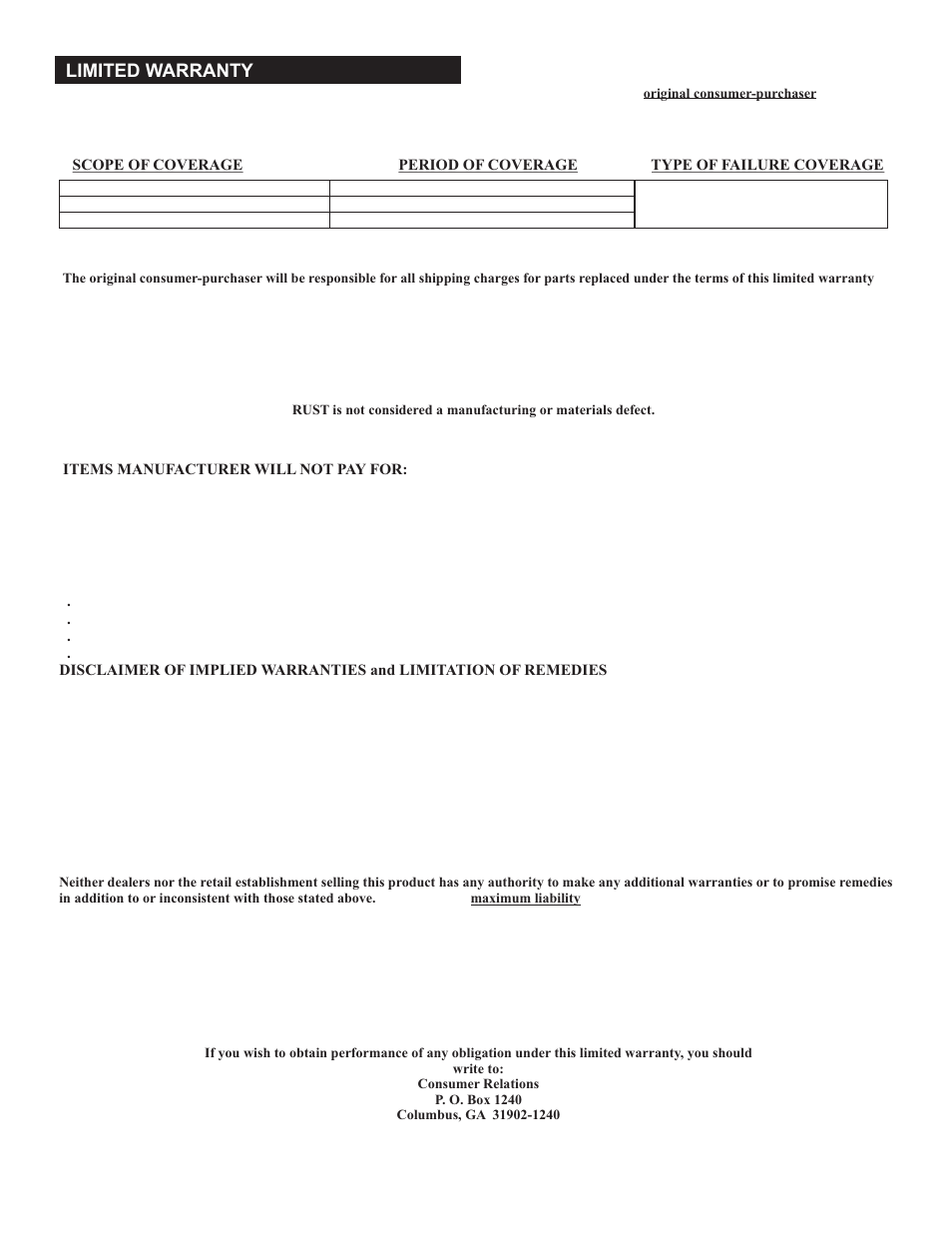 Limited warranty | Char-Broil MULTI PURPOSE COOKER 11101706 User Manual | Page 11 / 20