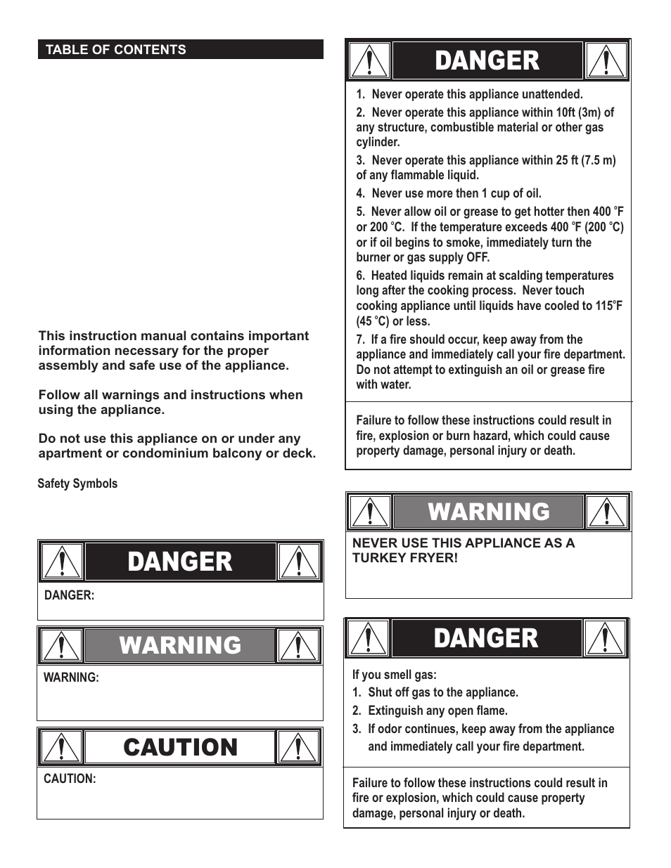 Danger, Warning, Caution | Char-Broil MULTI PURPOSE COOKER 11101706 User Manual | Page 2 / 20