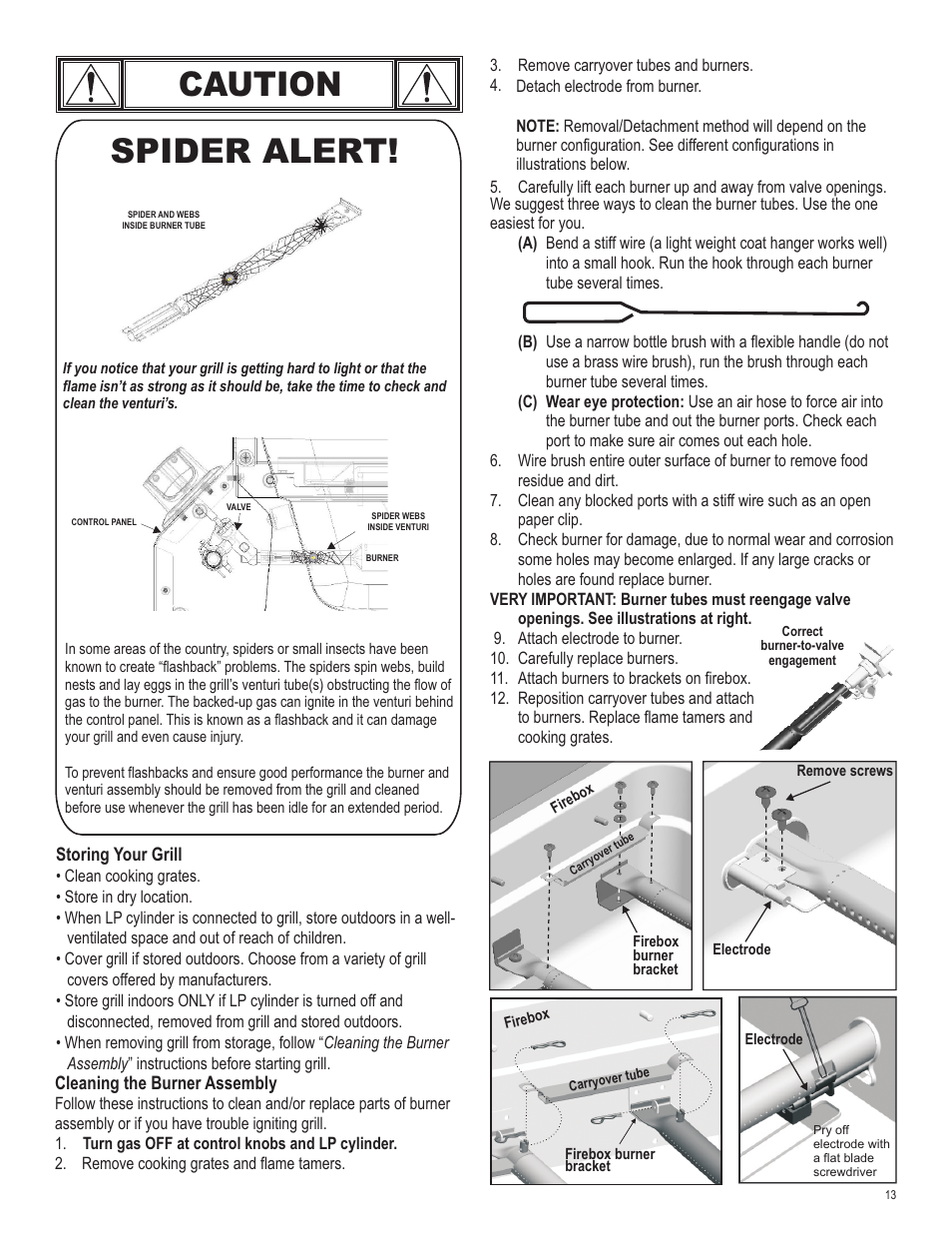 Caution, Spider alert | Char-Broil 463621611 User Manual | Page 13 / 28
