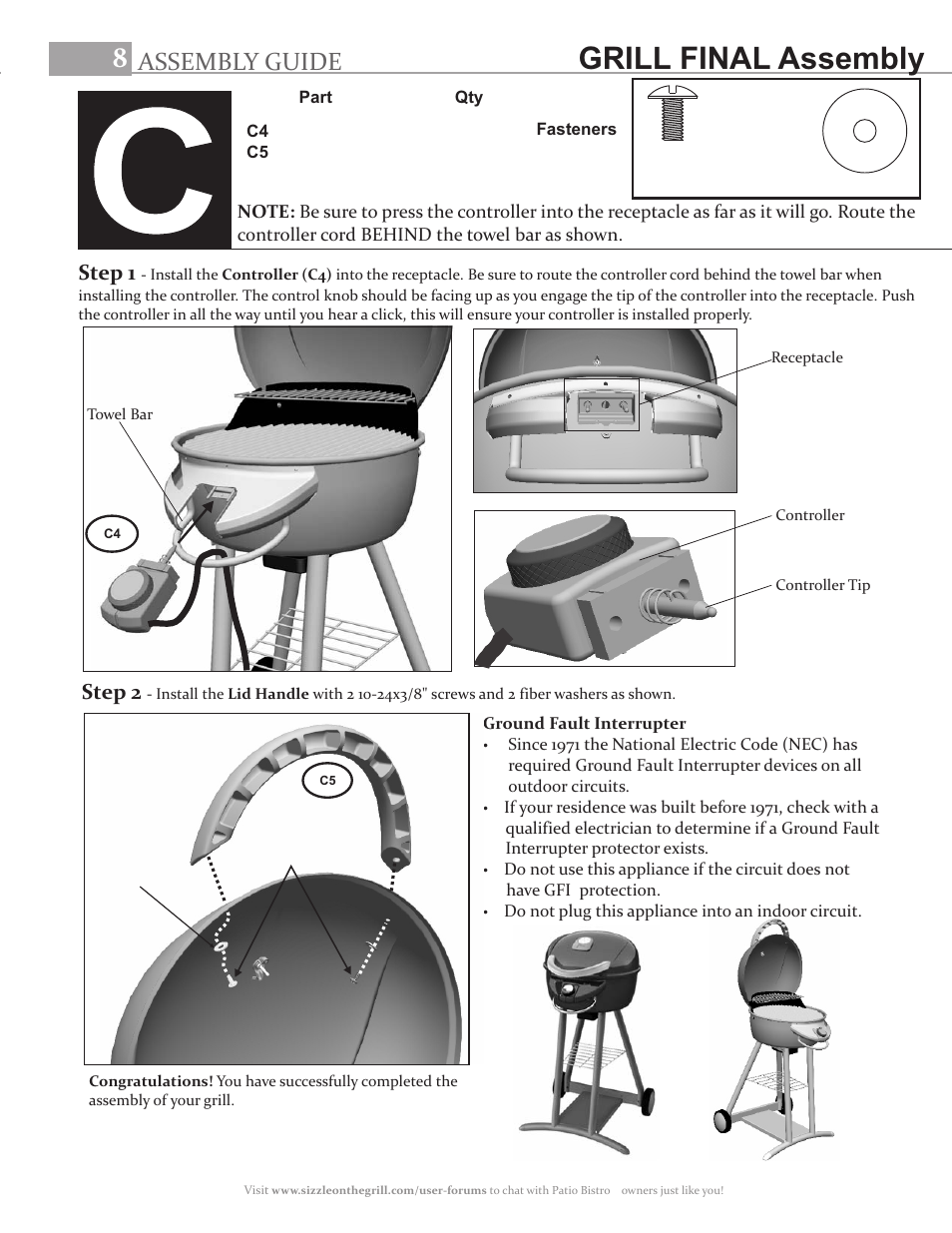 Grill final assembly, Assembly guide, Step 1 | Step 2 | Char-Broil PATIO BISTRO 11601514 User Manual | Page 8 / 8