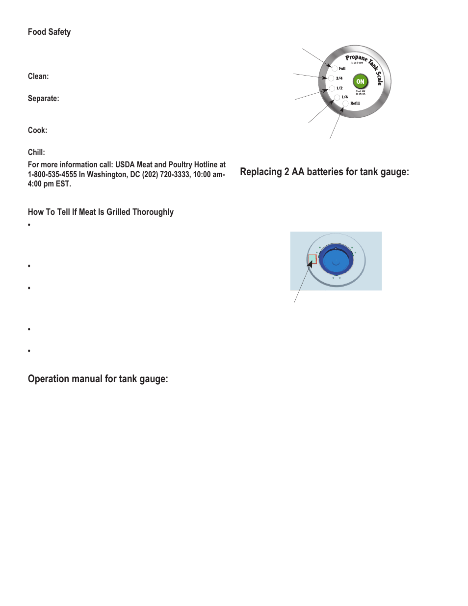 Operation manual for tank gauge, Replacing 2 aa batteries for tank gauge | Char-Broil 463271108 User Manual | Page 10 / 32