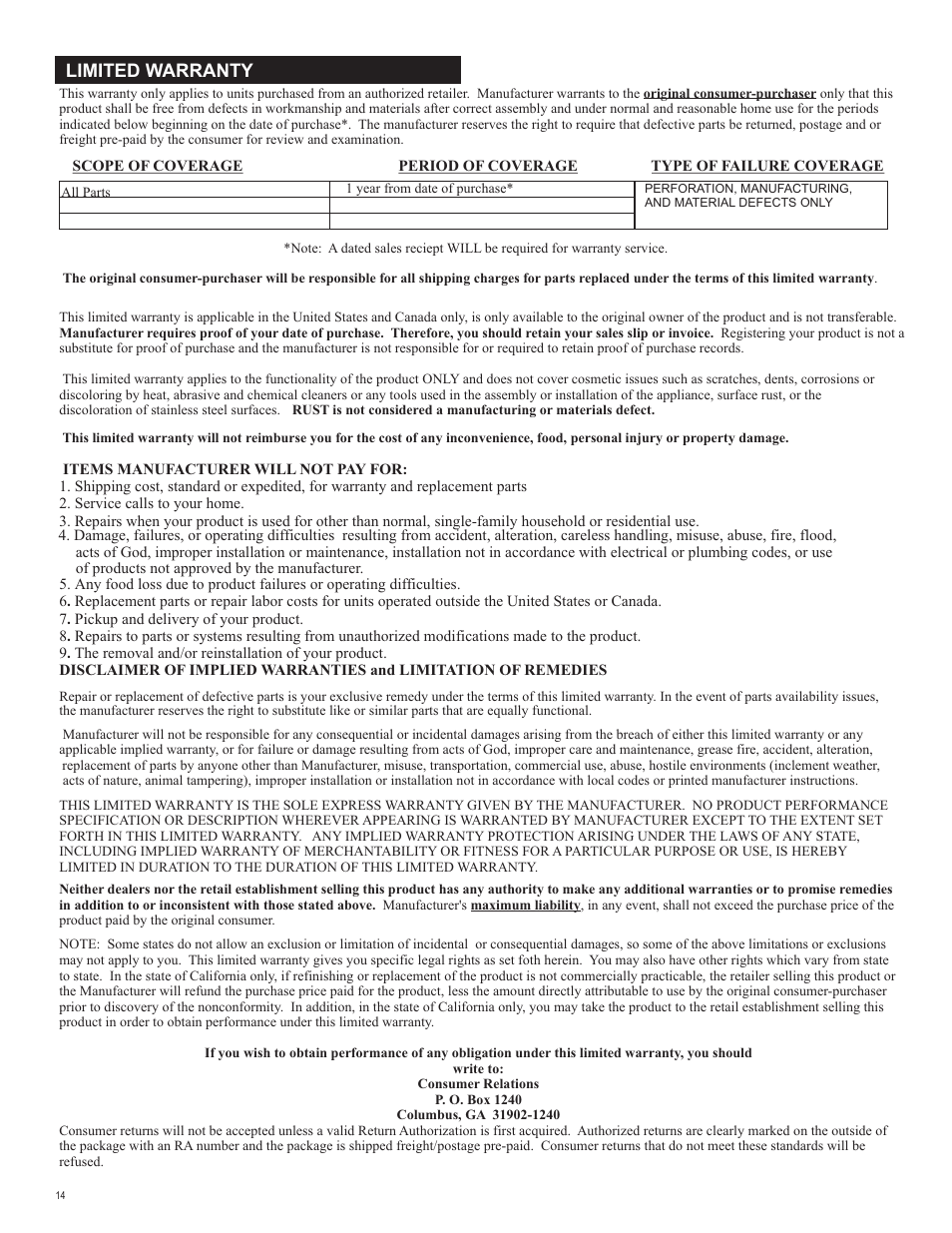 Limited warranty | Char-Broil 463742112 User Manual | Page 14 / 28
