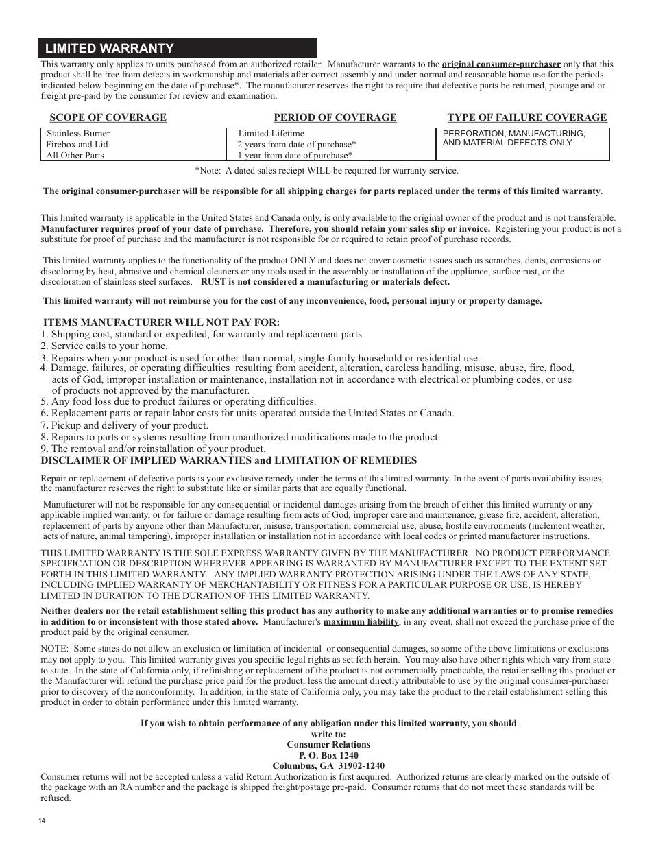 Limited warranty | Char-Broil 463244011 User Manual | Page 14 / 32