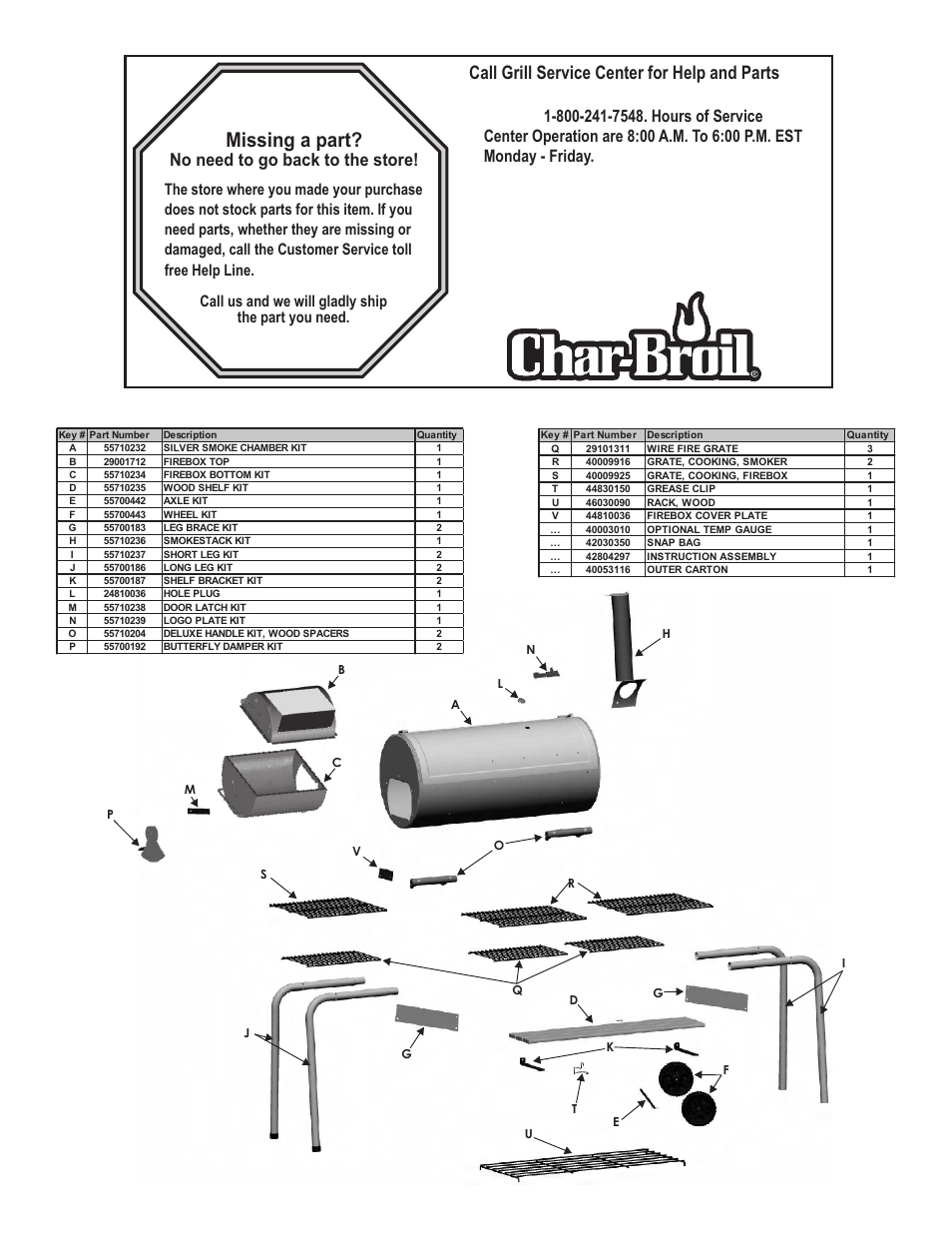 Stop, Parts list, Missing a part | Call grill service center for help and parts, No need to go back to the store | Char-Broil 7201560 User Manual | Page 2 / 16