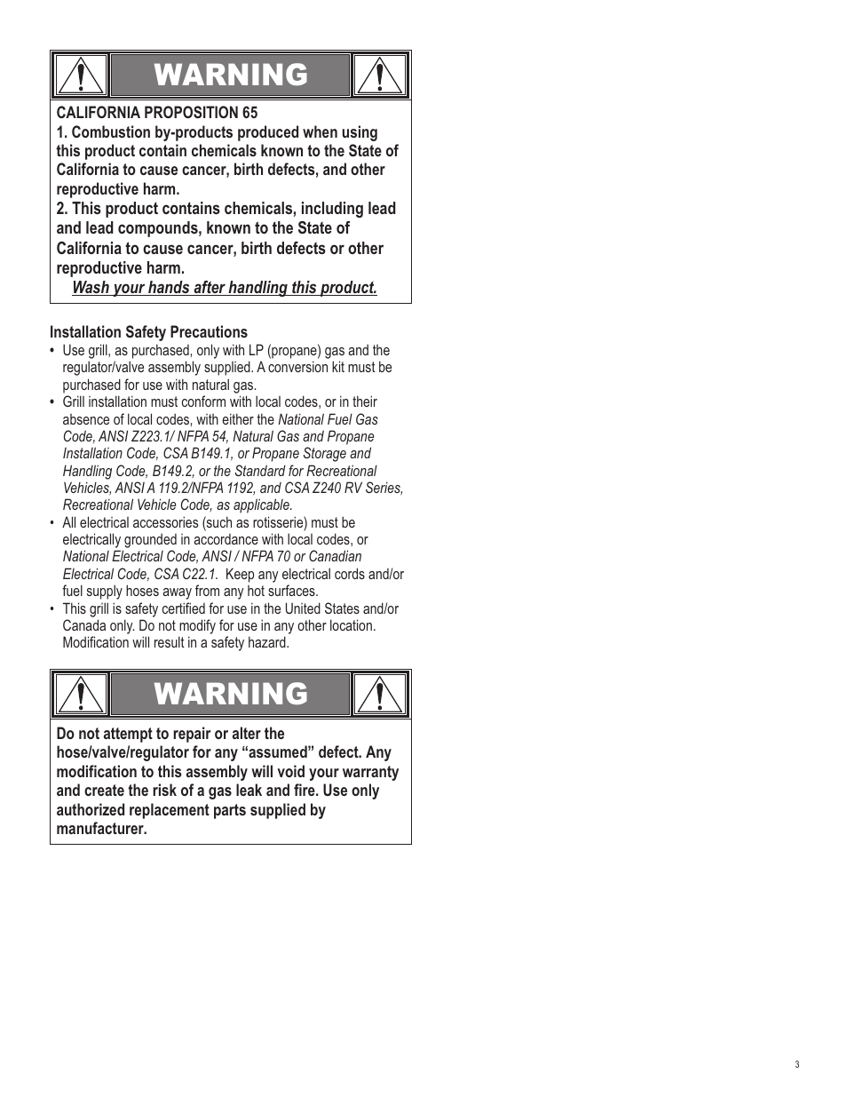 Warning | Char-Broil 463620809 User Manual | Page 3 / 32