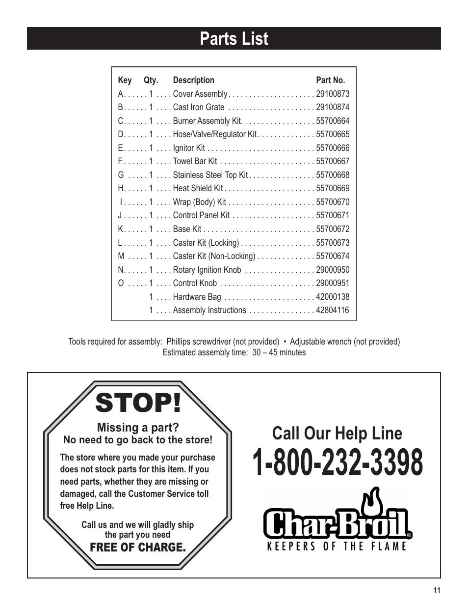Stop, Call our help line, Parts list | Char-Broil 5101194 User Manual | Page 11 / 20