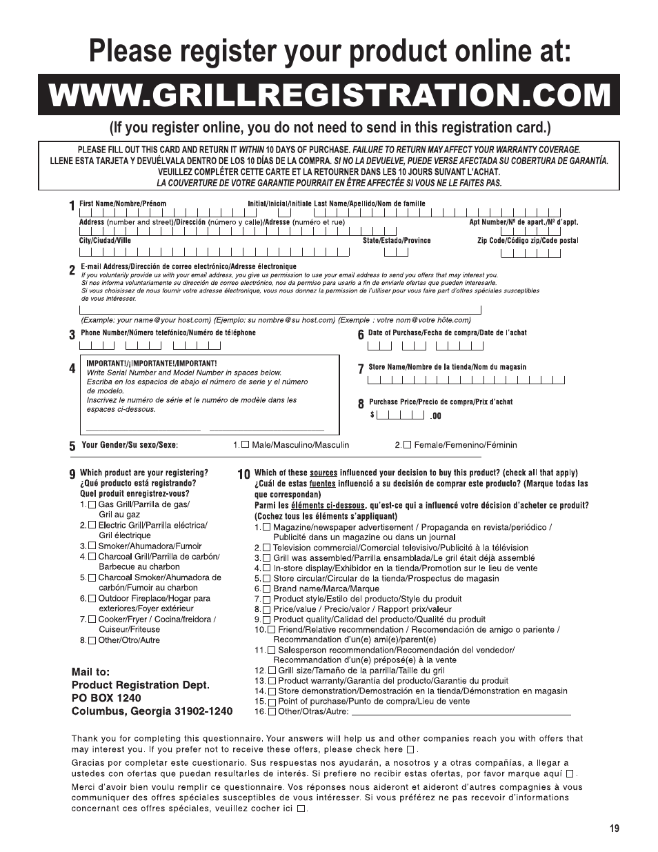 Please register your product online at | Char-Broil 5101194 User Manual | Page 19 / 20