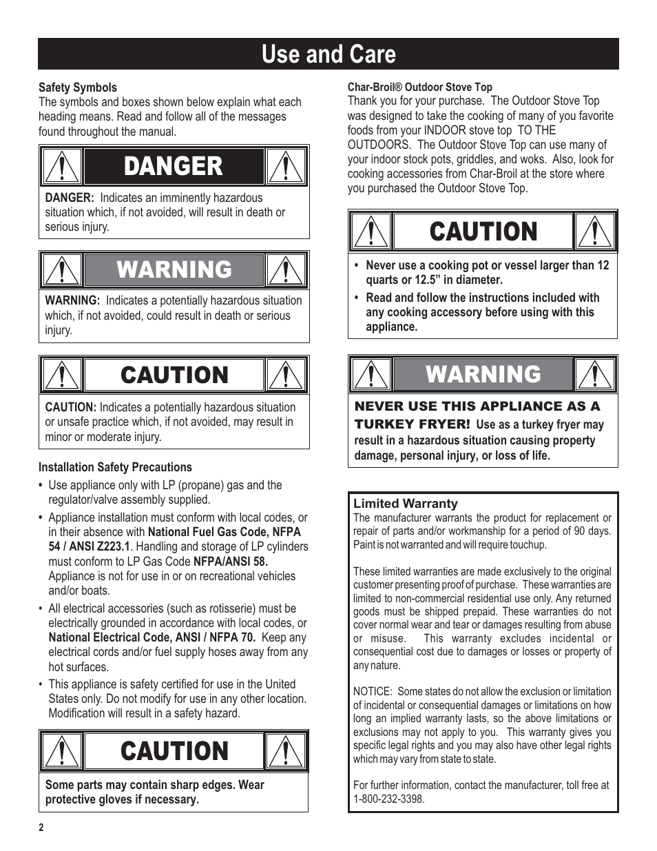 Danger, Use and care, Warning | Caution | Char-Broil 5101194 User Manual | Page 2 / 20