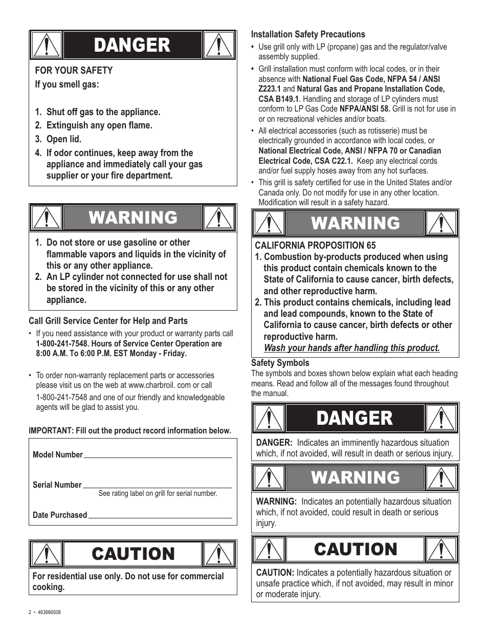 Danger, Warning caution, Warning | Caution | Char-Broil Charbroil QUickset 463666508 User Manual | Page 2 / 28