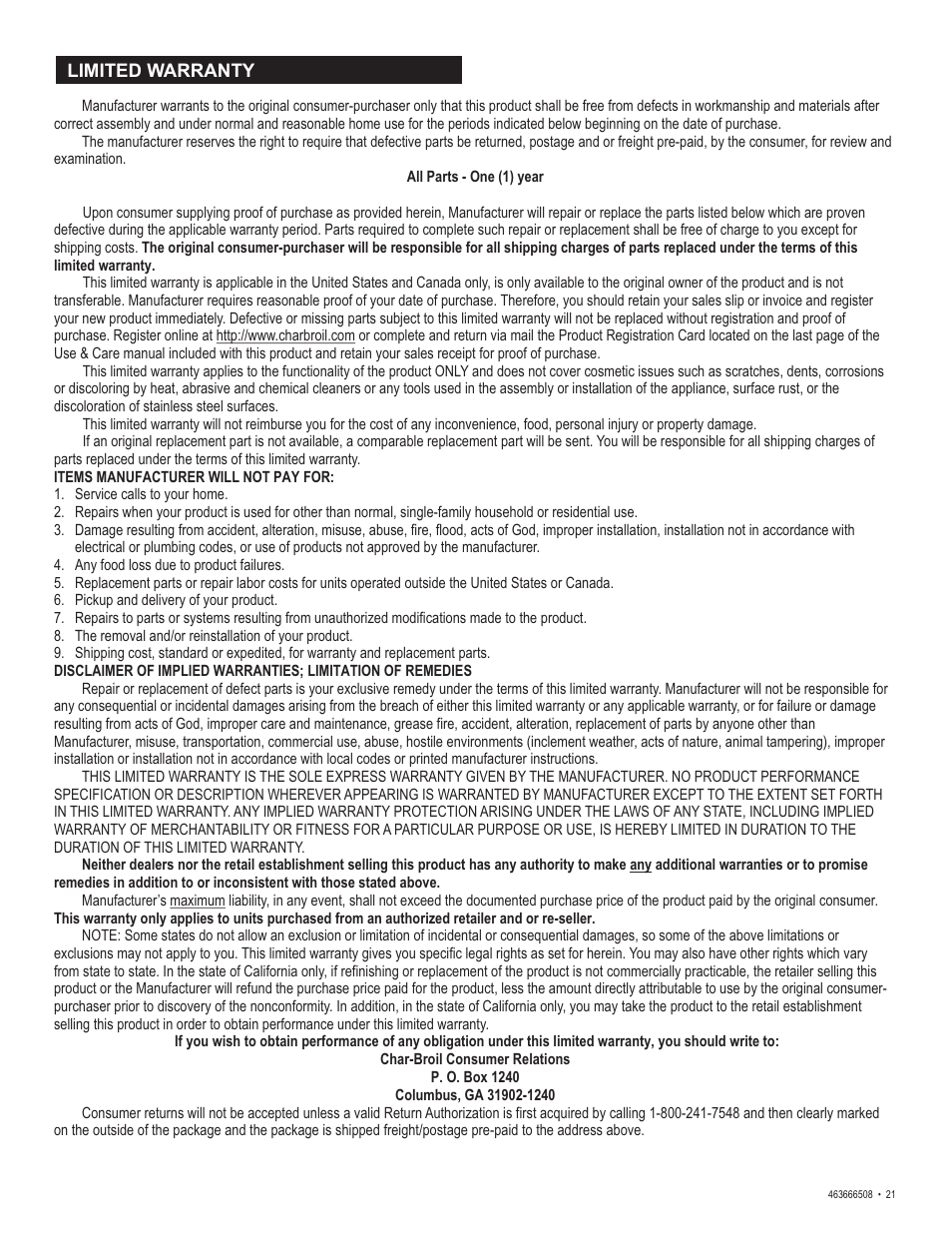 Char-Broil Charbroil QUickset 463666508 User Manual | Page 21 / 28