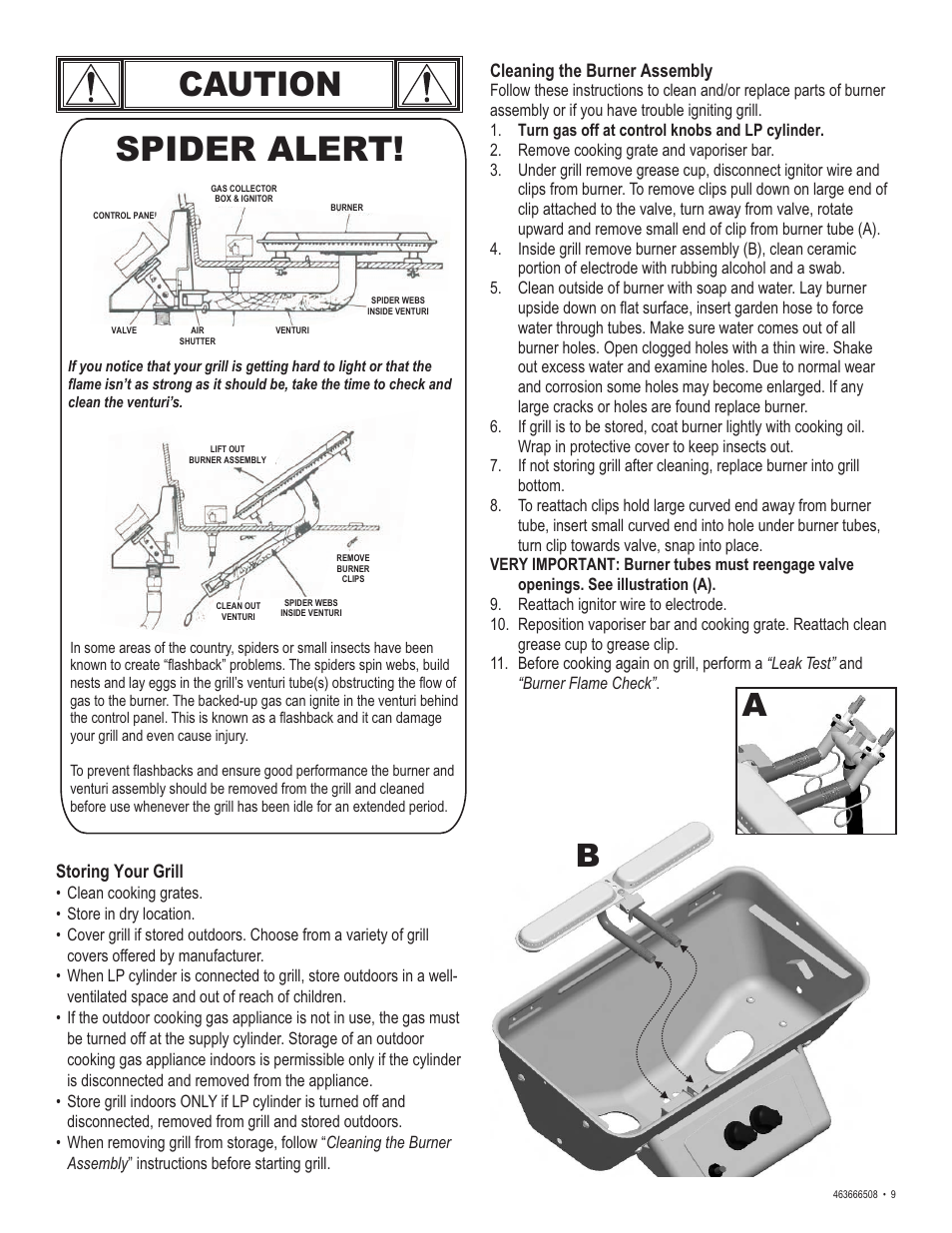 Caution, Spider alert | Char-Broil Charbroil QUickset 463666508 User Manual | Page 9 / 28