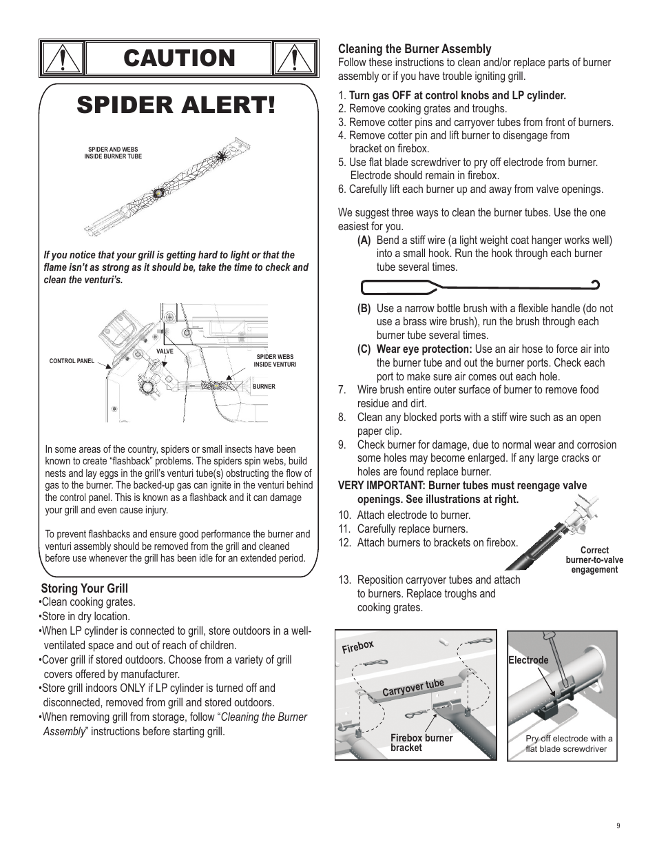 Caution, Spider alert | Char-Broil TRUINFRARED 463250512 User Manual | Page 9 / 36