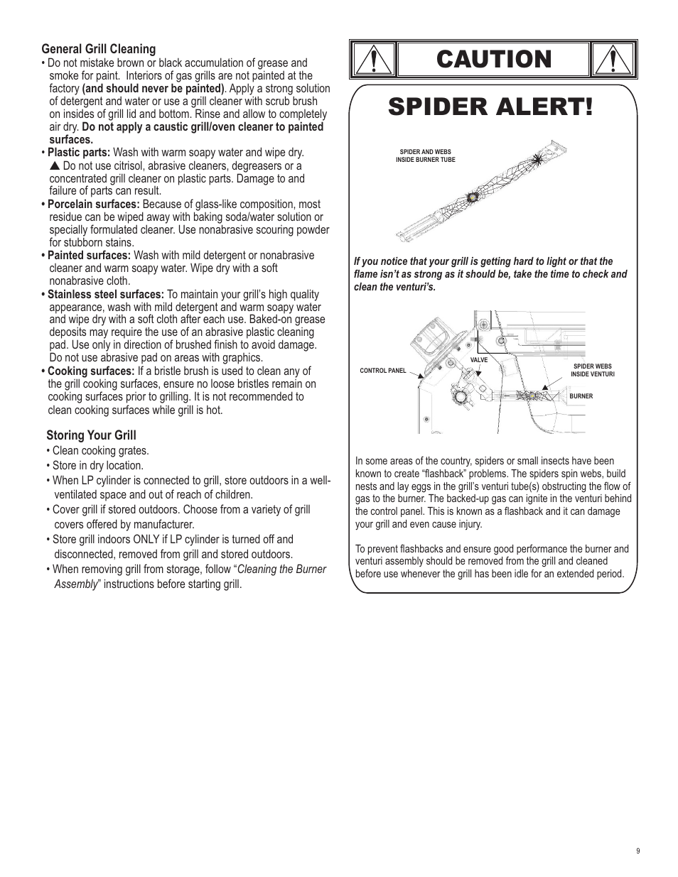 Caution, Spider alert | Char-Broil 463247311 User Manual | Page 9 / 32