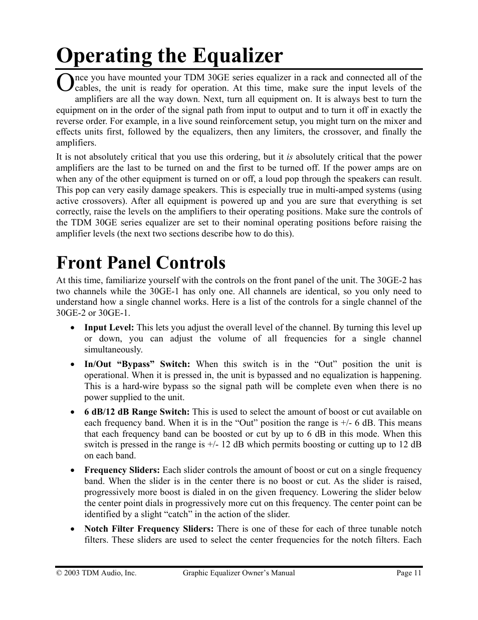 Operating the equalizer, Front panel controls | TDM Audio 30GE-1 User Manual | Page 11 / 17