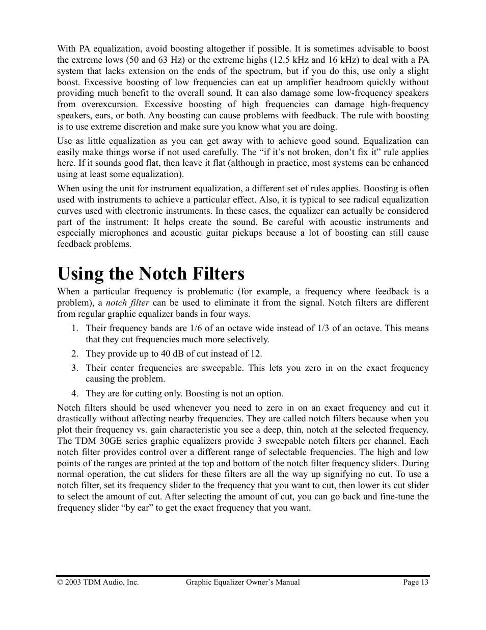 Using the notch filters | TDM Audio 30GE-1 User Manual | Page 13 / 17
