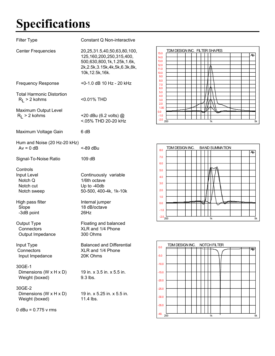 Specifications | TDM Audio 30GE-1 User Manual | Page 17 / 17