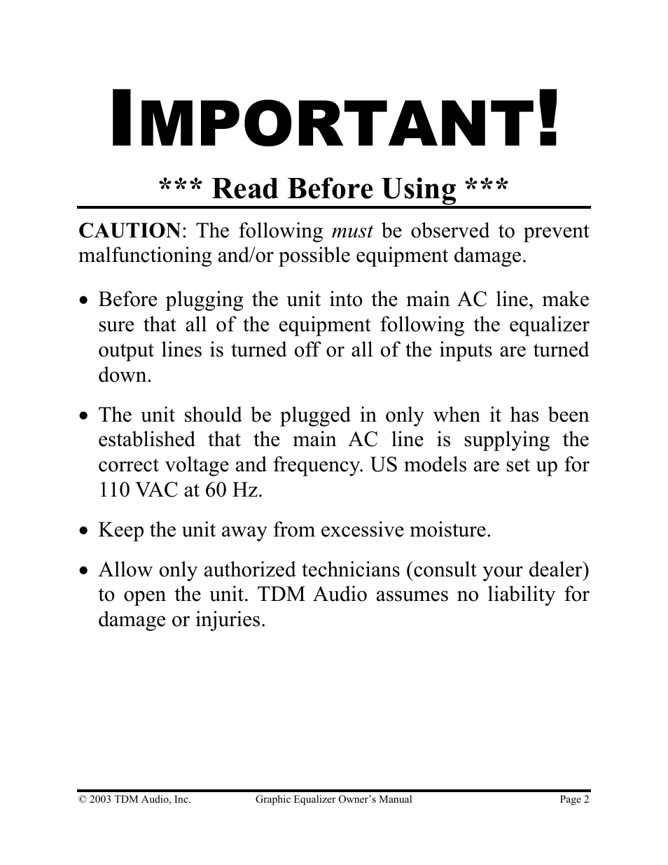 Mportant | TDM Audio 30GE-1 User Manual | Page 2 / 17