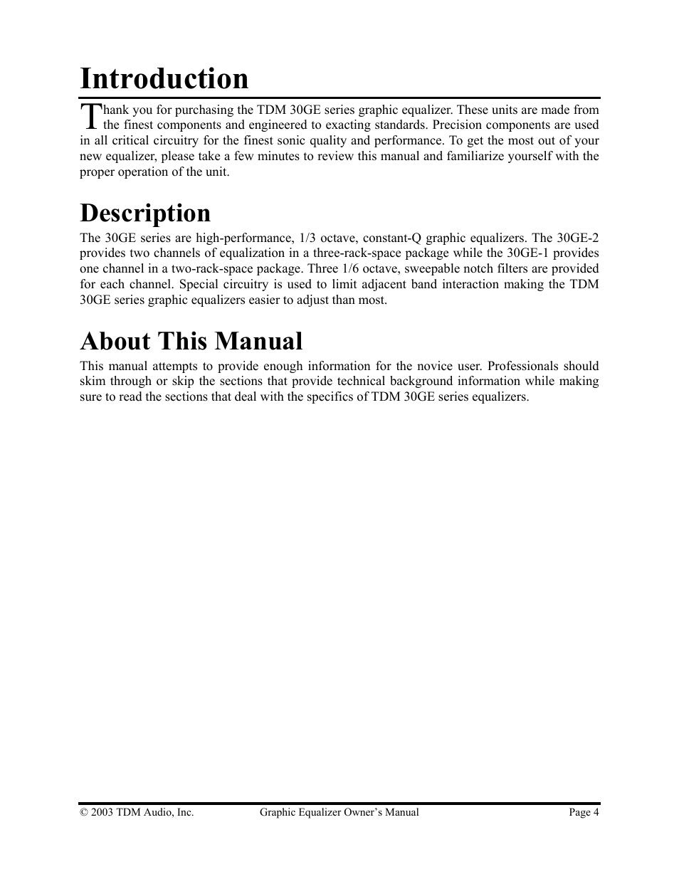 Introduction, Description, About this manual | TDM Audio 30GE-1 User Manual | Page 4 / 17