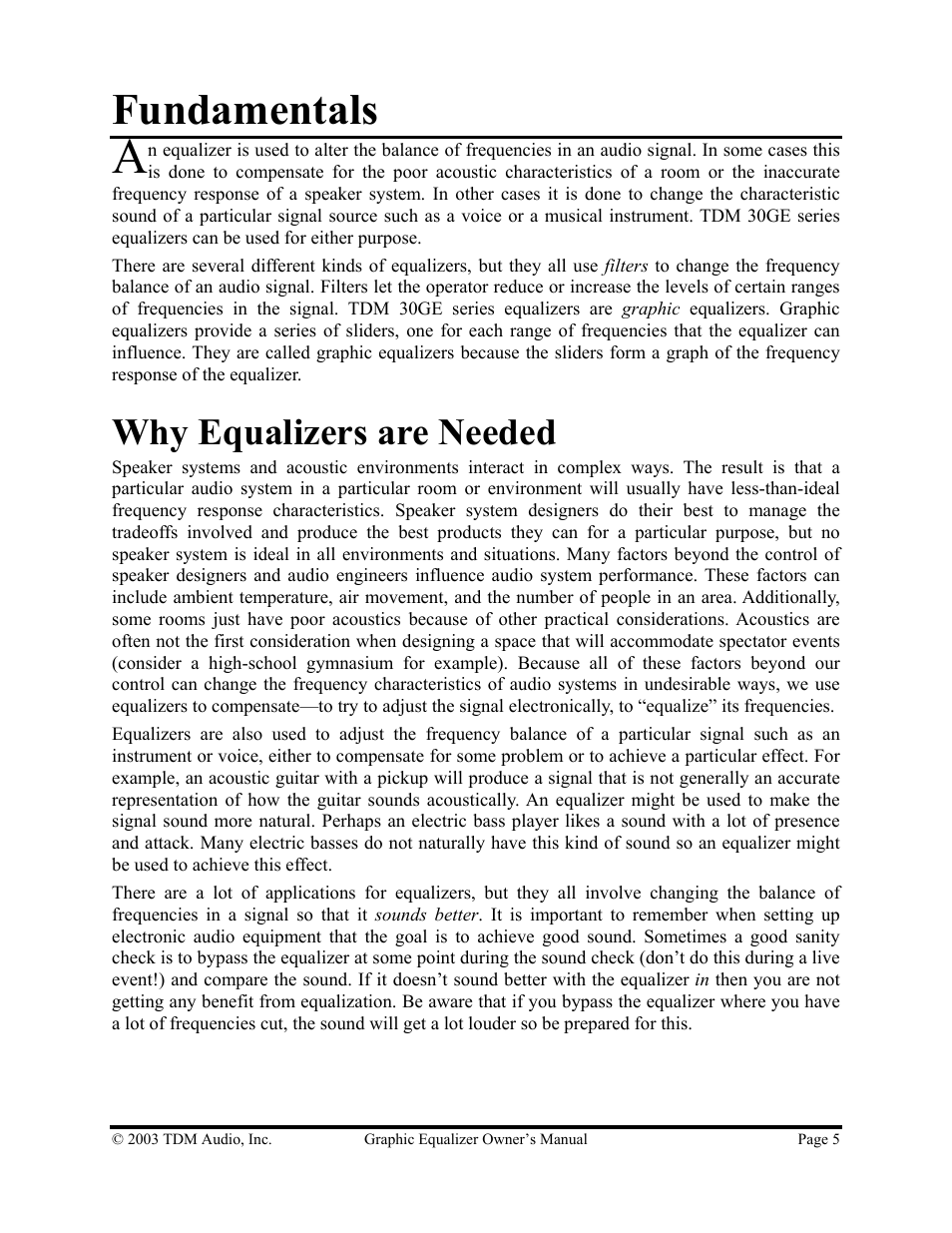 Fundamentals, Why equalizers are needed | TDM Audio 30GE-1 User Manual | Page 5 / 17