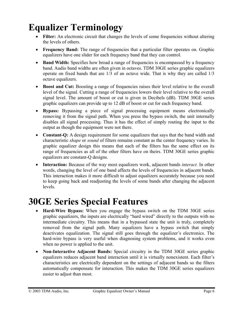 Equalizer terminology, 30ge series special features | TDM Audio 30GE-1 User Manual | Page 6 / 17