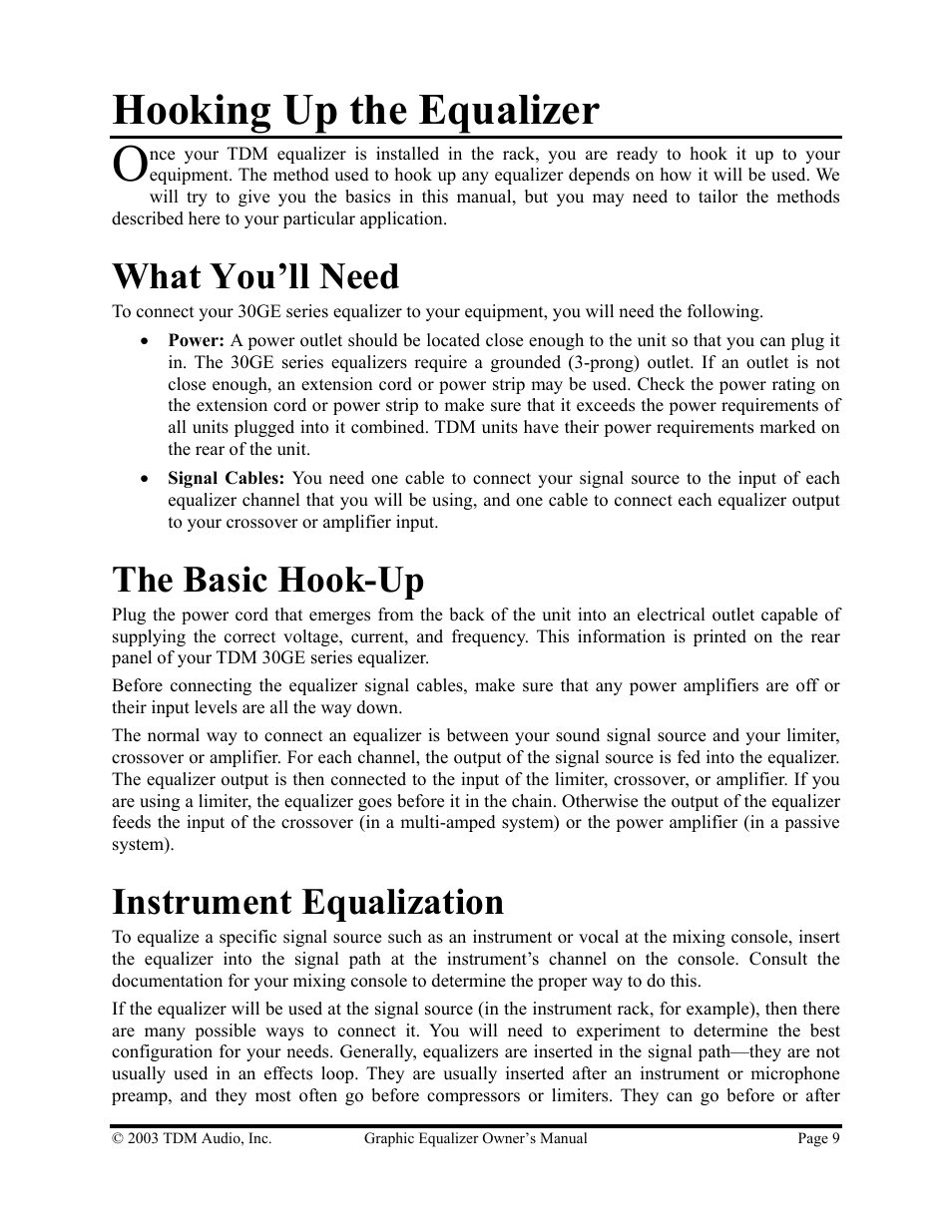 Hooking up the equalizer, What you’ll need, The basic hook-up | Instrument equalization | TDM Audio 30GE-1 User Manual | Page 9 / 17