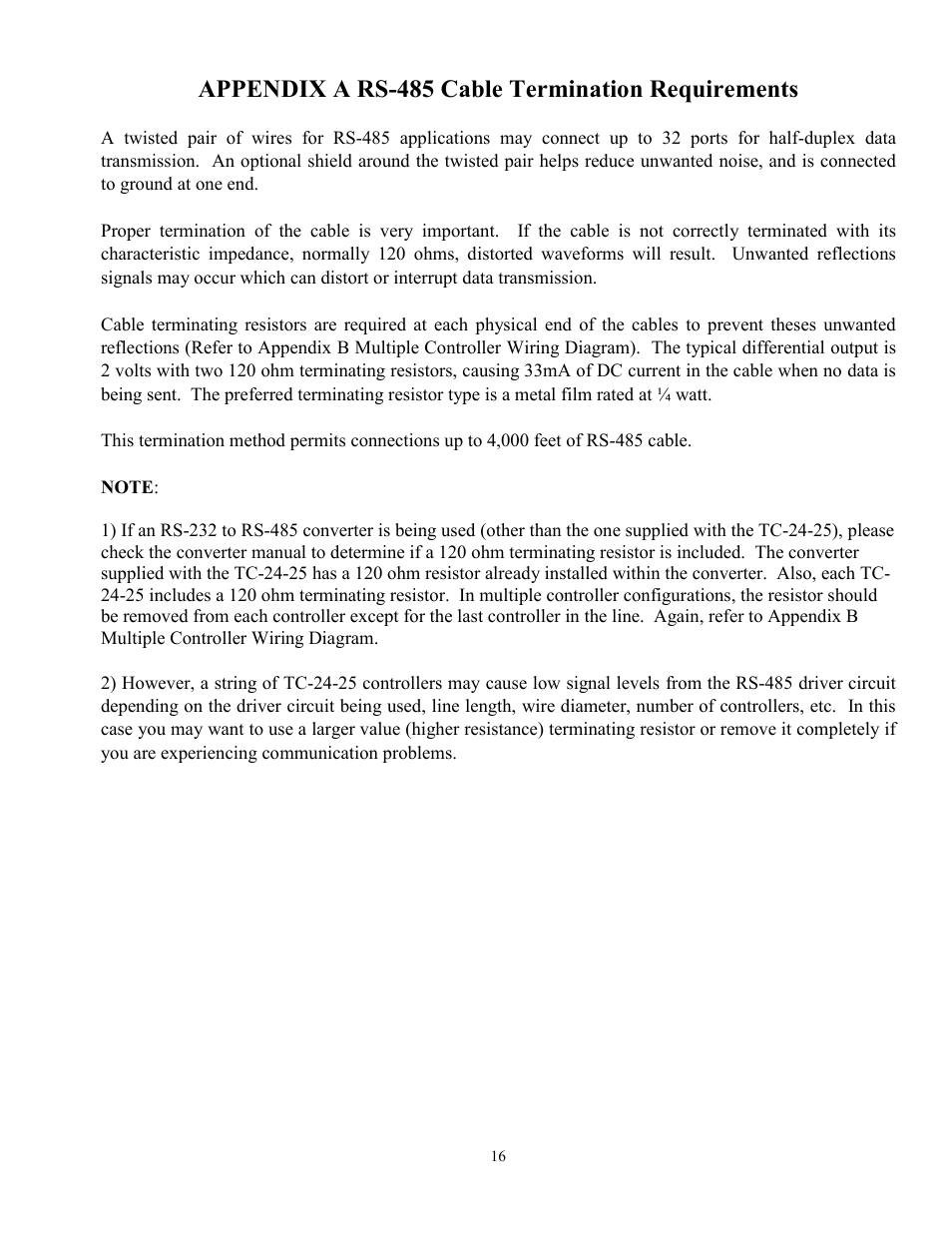 Appendix a rs-485 cable termination requirements | TE Technology TC-24-25 User Manual | Page 16 / 35