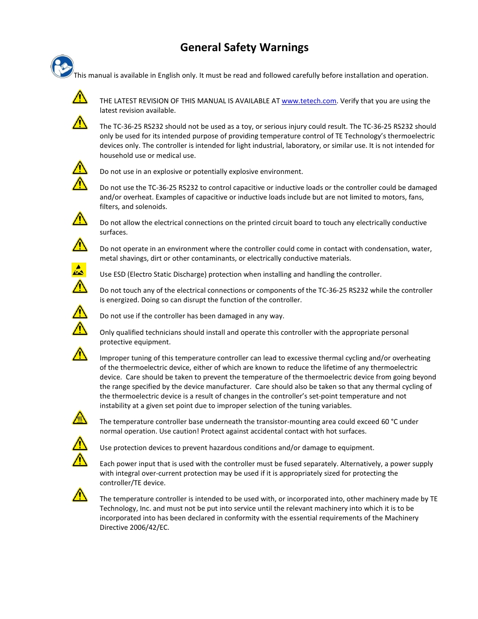 General safety warnings | TE Technology TC-36-25-RS232 User Manual | Page 2 / 59