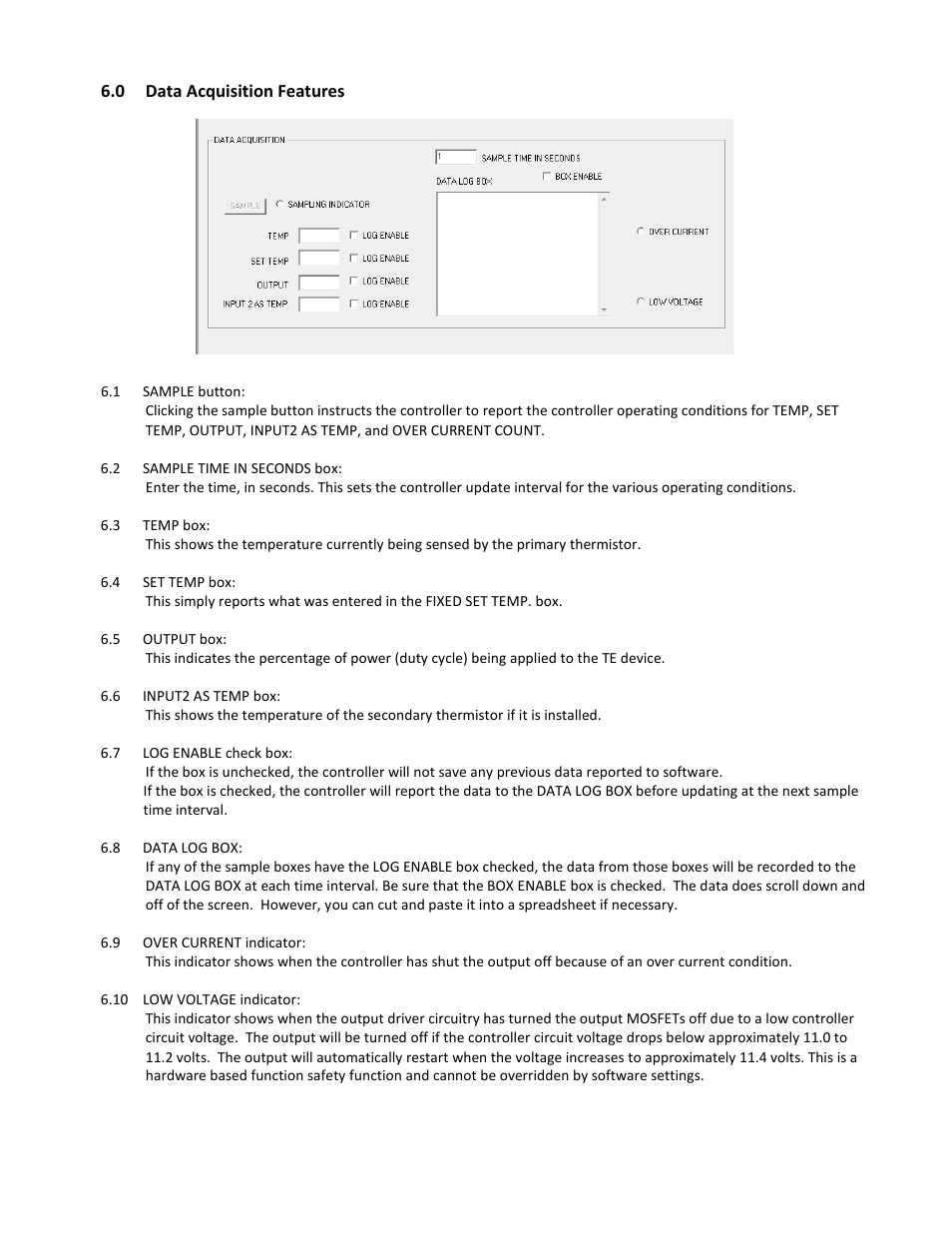 0 data acquisition features, Data acquisition features | TE Technology TC-36-25-RS232 User Manual | Page 31 / 59