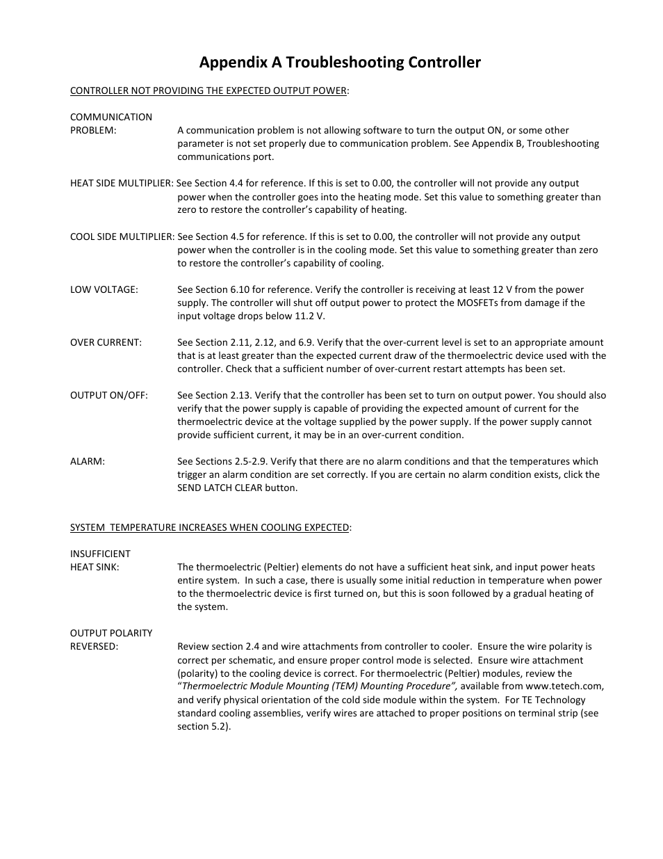 Appendix a troubleshooting controller | TE Technology TC-36-25-RS232 User Manual | Page 39 / 59