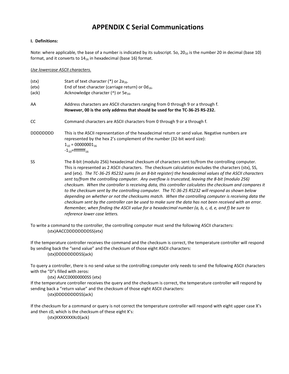 Appendix c serial communications | TE Technology TC-36-25-RS232 User Manual | Page 42 / 59