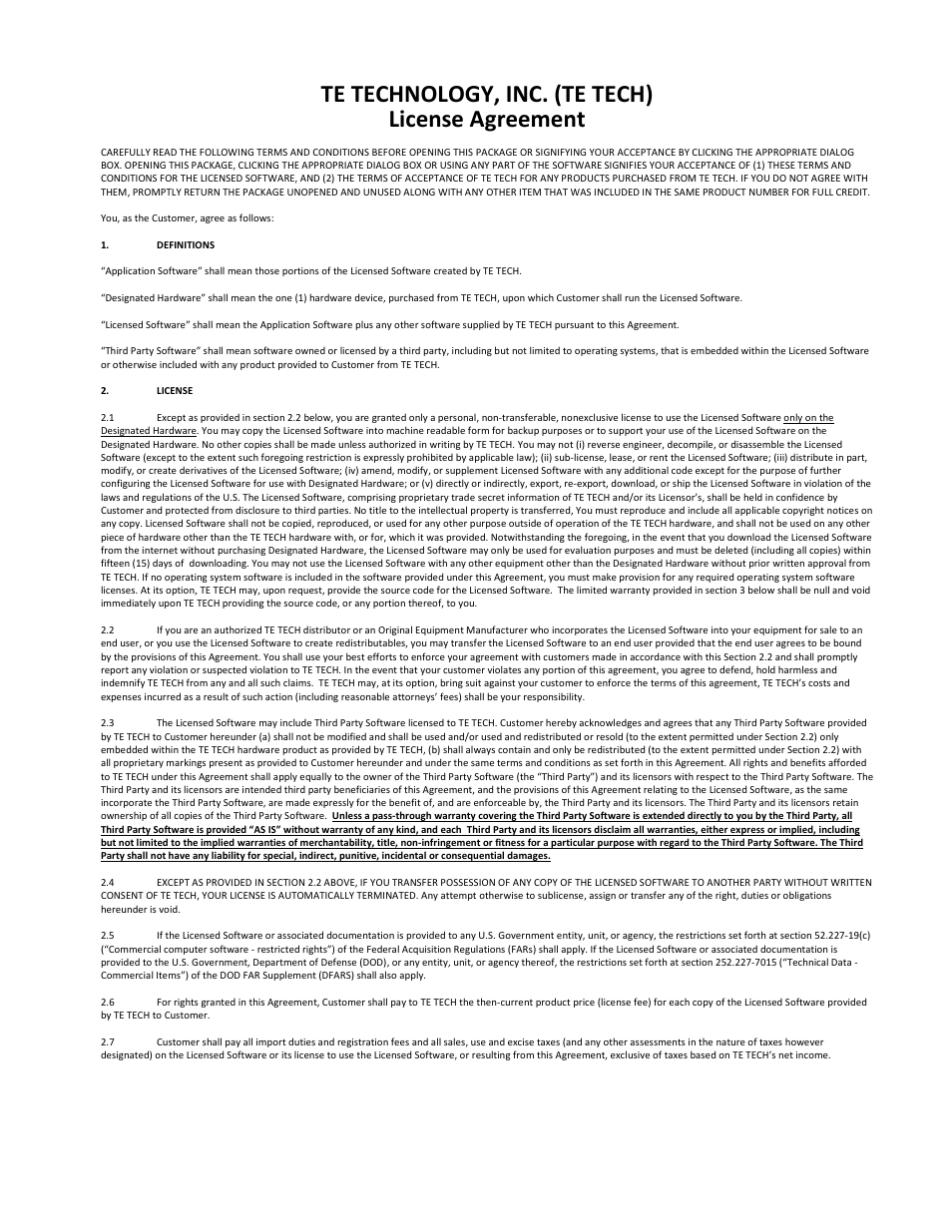 License agreement, Te technology, inc. (te tech) license agreement | TE Technology TC-36-25-RS232 User Manual | Page 5 / 59