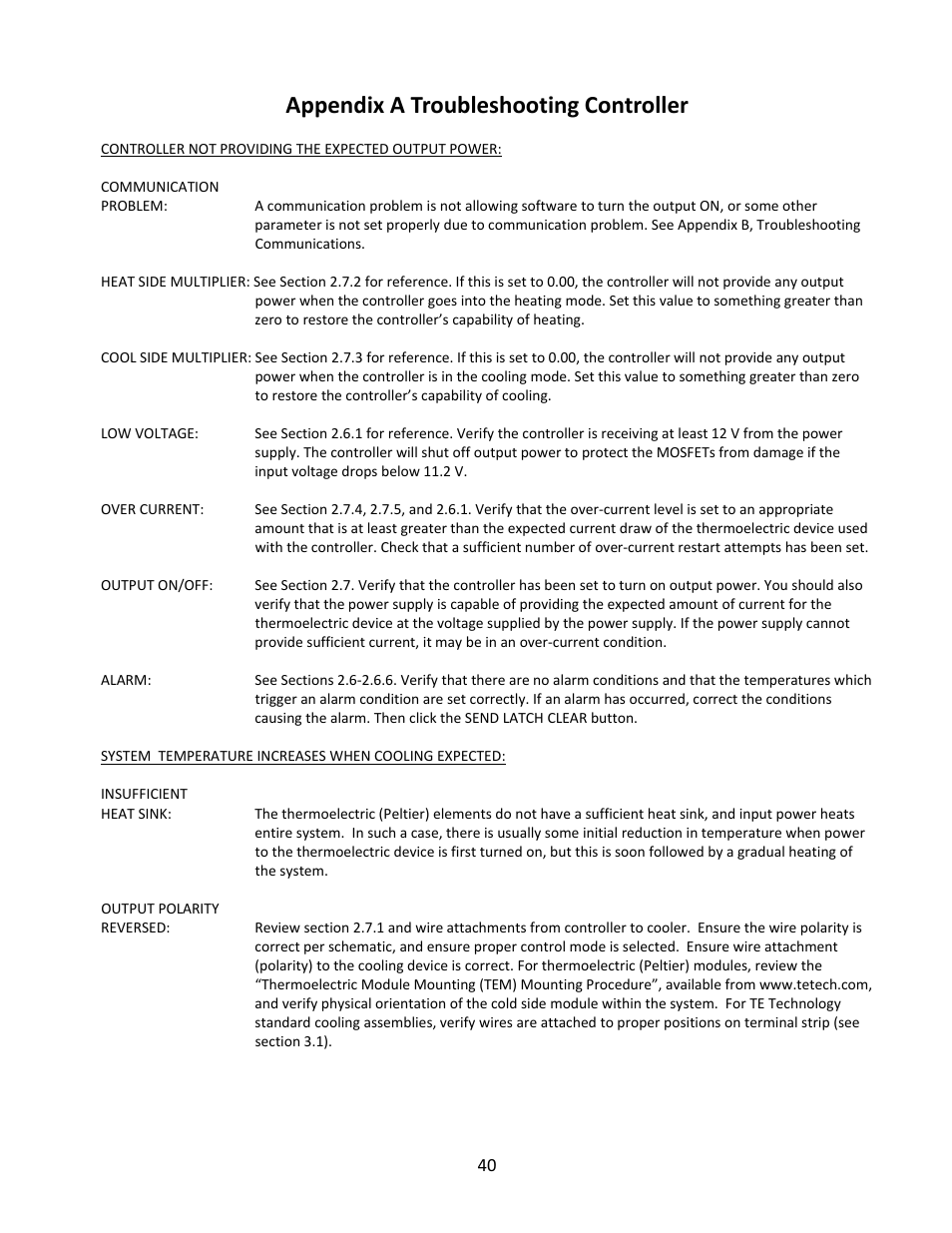 Appendix a troubleshooting controller | TE Technology TC-36-25-RS485 User Manual | Page 40 / 61