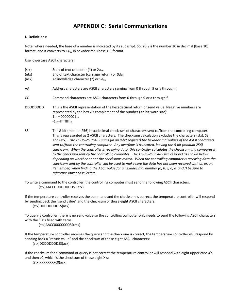 Appendix c: serial communications | TE Technology TC-36-25-RS485 User Manual | Page 43 / 61