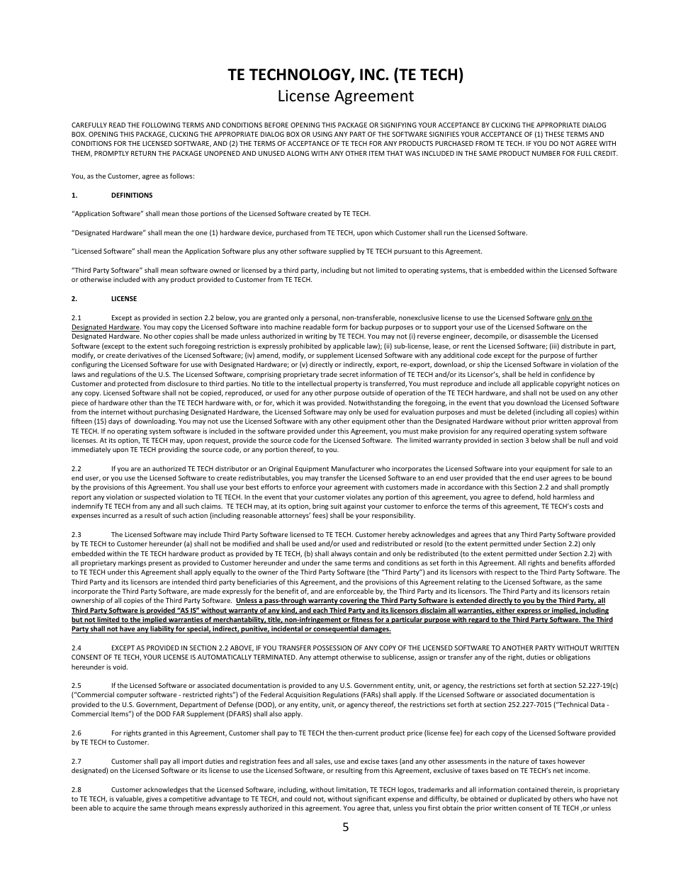Te technology, inc. (te tech) license agreement | TE Technology TC-36-25-RS485 User Manual | Page 5 / 61