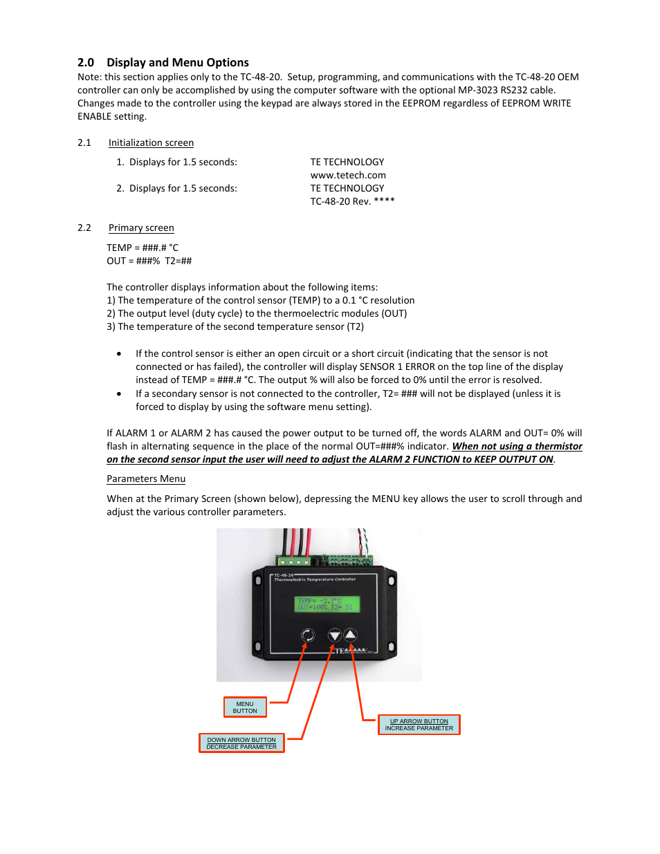 20 2.0 display and menu options | TE Technology TC-48-20 User Manual | Page 20 / 58
