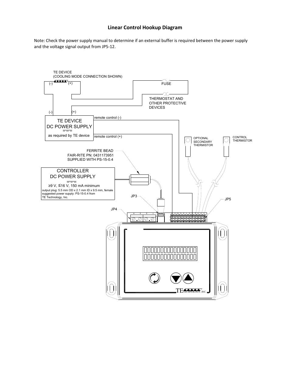 40 linear control hookup diagram, Te device dc power supply, Controller dc power supply | TE Technology TC-48-20 User Manual | Page 40 / 58