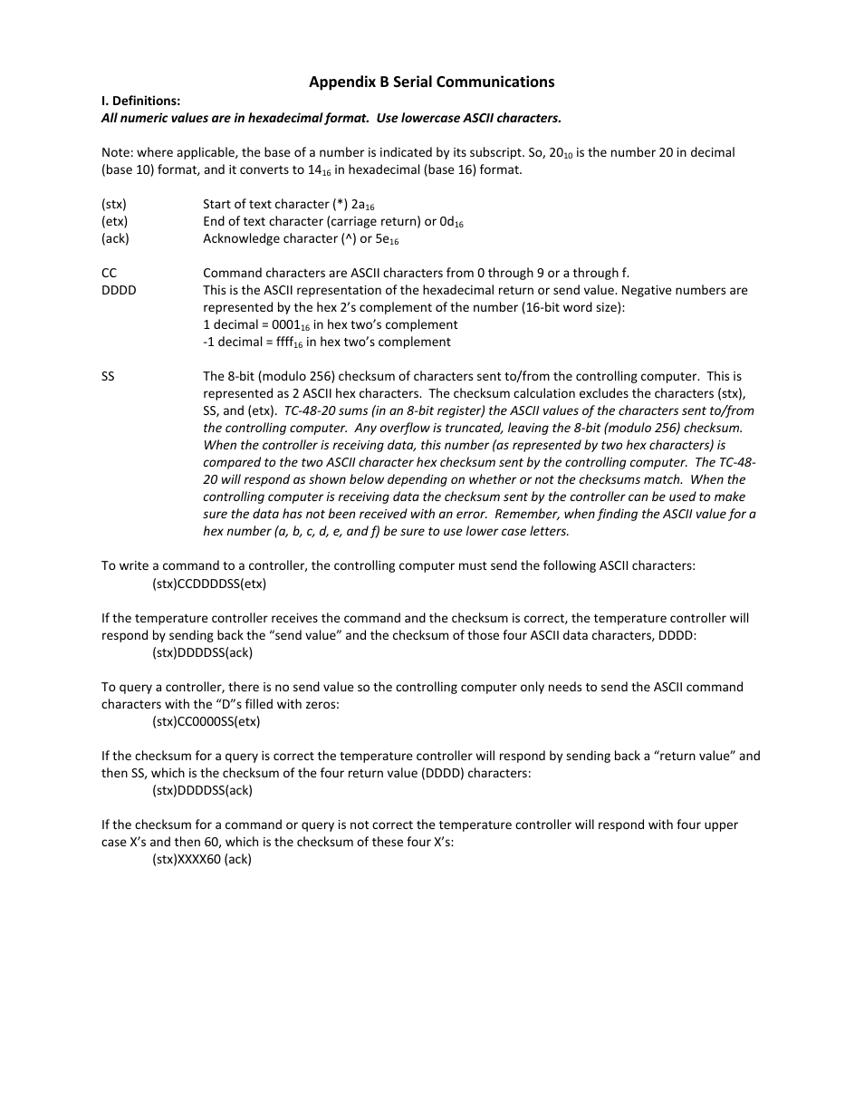 48 appendix b serial communications | TE Technology TC-48-20 User Manual | Page 48 / 58