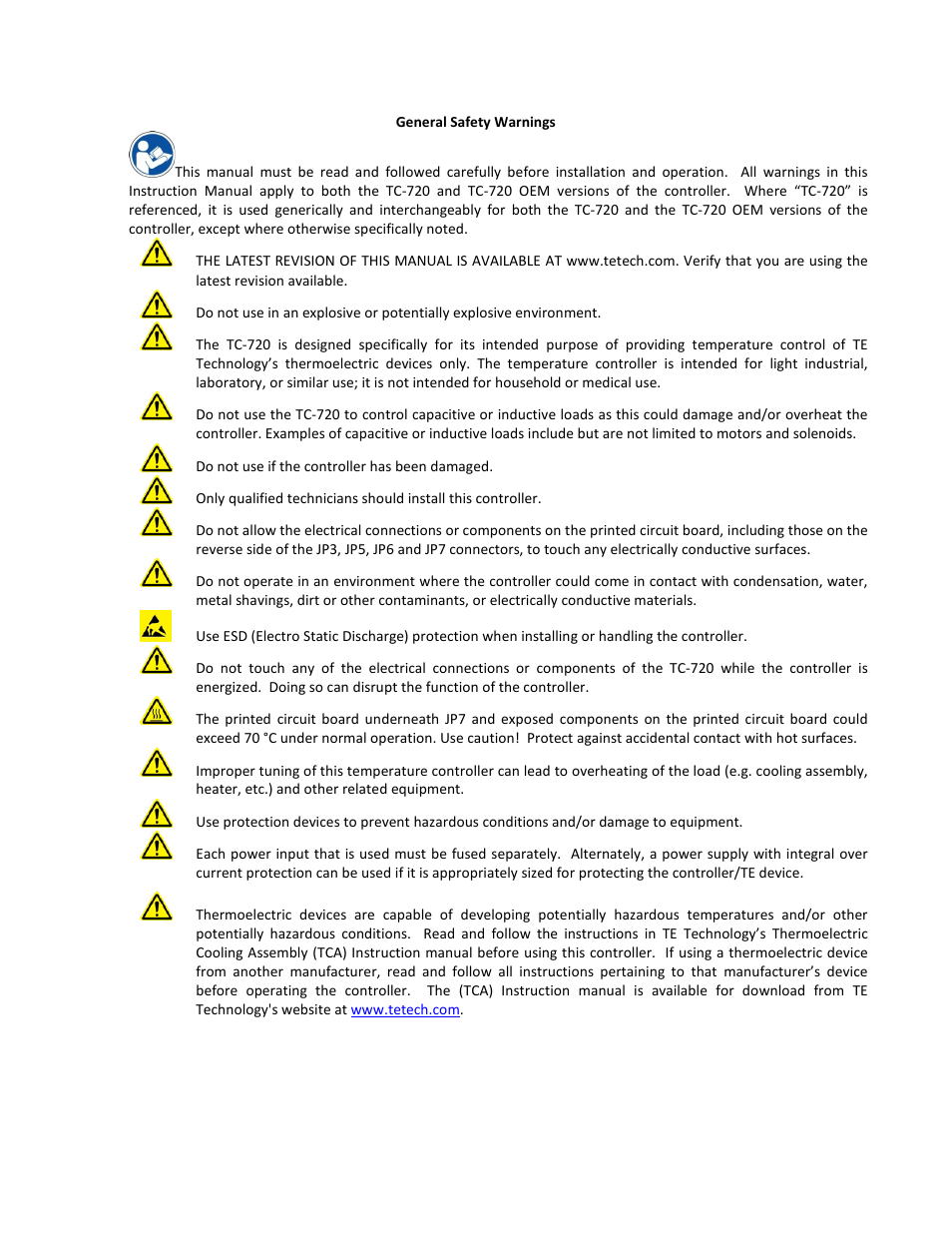 Do not use if the controller has been damaged | TE Technology TC-720 User Manual | Page 2 / 98