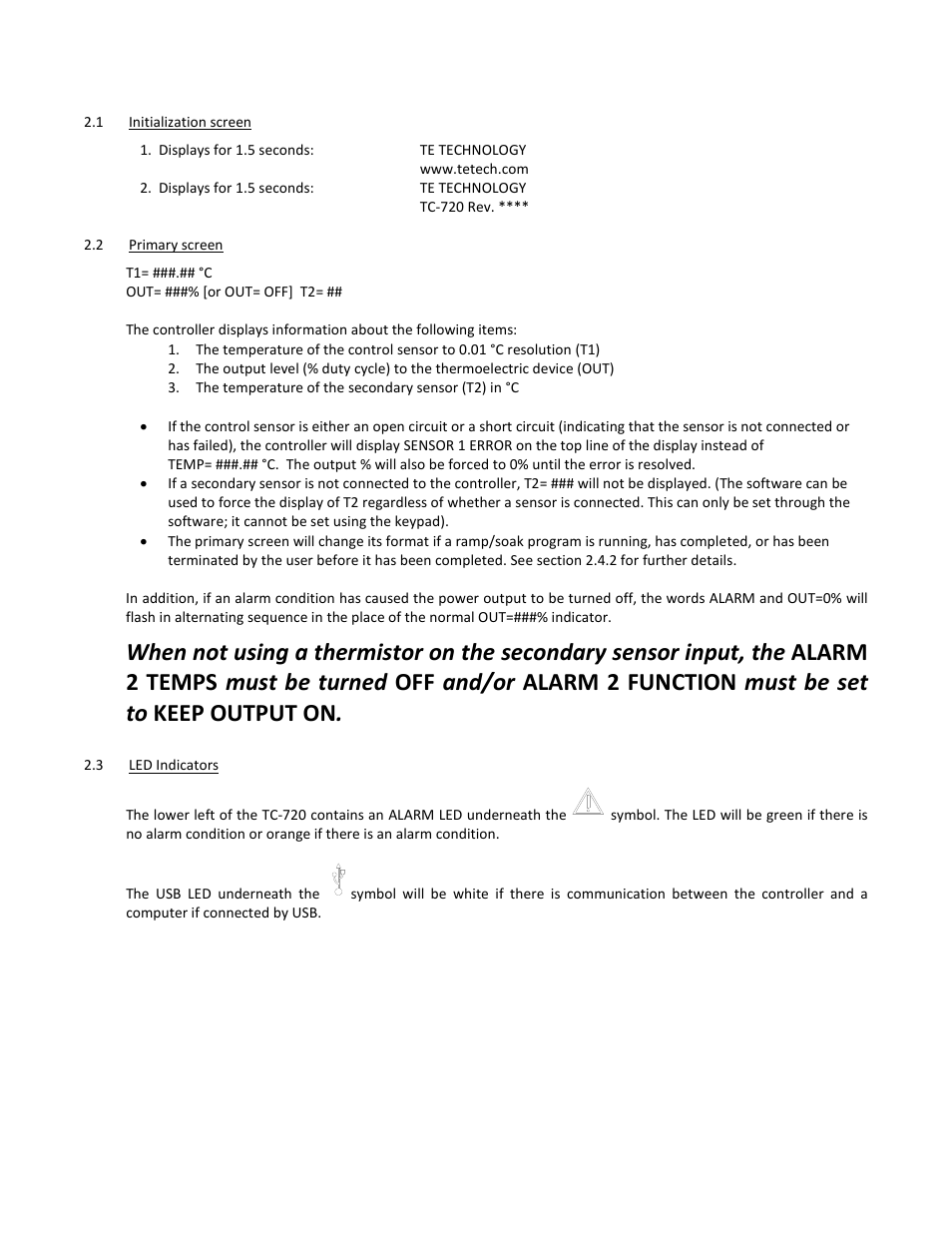 1 initialization screen, 2 primary screen, 3 led indicators | TE Technology TC-720 User Manual | Page 31 / 98