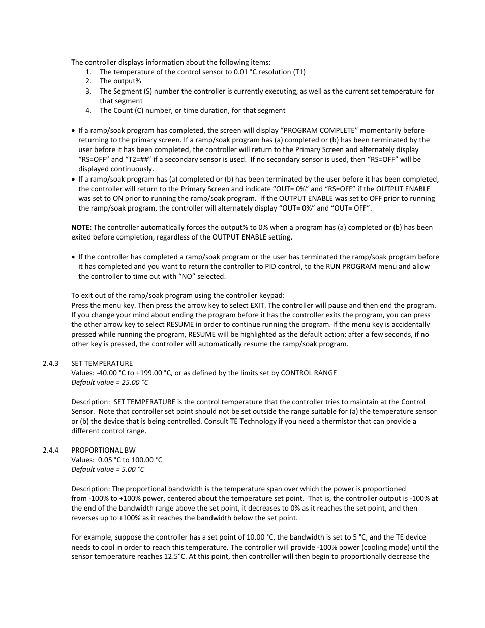 3 set temperature, Default value = 25.00 c, 4 proportional bw | Values: 0.05 c to 100.00 c, Default value = 5.00 c | TE Technology TC-720 User Manual | Page 33 / 98