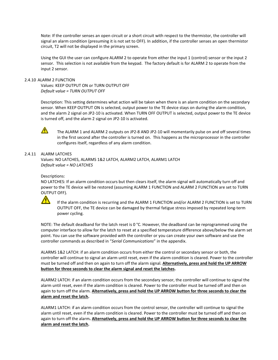 10 alarm 2 function, Values: keep output on or turn output off, Default value = turn output off | 11 alarm latches, Default value = no latches, Descriptions | TE Technology TC-720 User Manual | Page 36 / 98