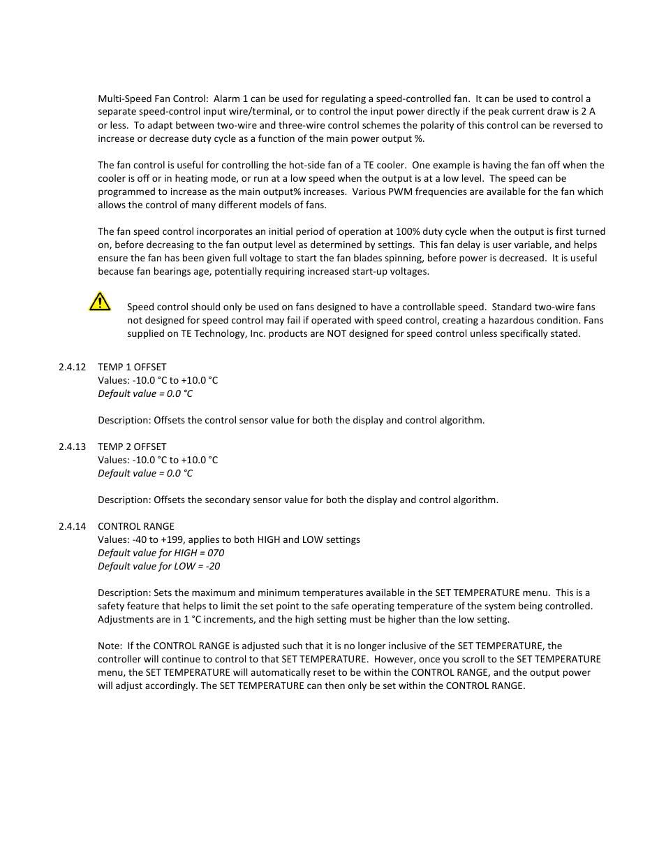 12 temp 1 offset, Values: -10.0 c to +10.0 c, Default value = 0.0 c | 13 temp 2 offset, 14 control range, Default value for high = 070, Default value for low = -20 | TE Technology TC-720 User Manual | Page 37 / 98