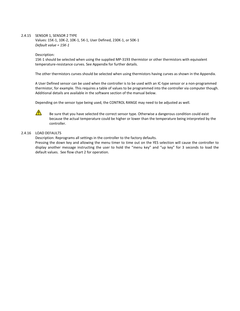 15 sensor 1, sensor 2 type, Default value = 15k-1, Description | 16 load defaults | TE Technology TC-720 User Manual | Page 38 / 98