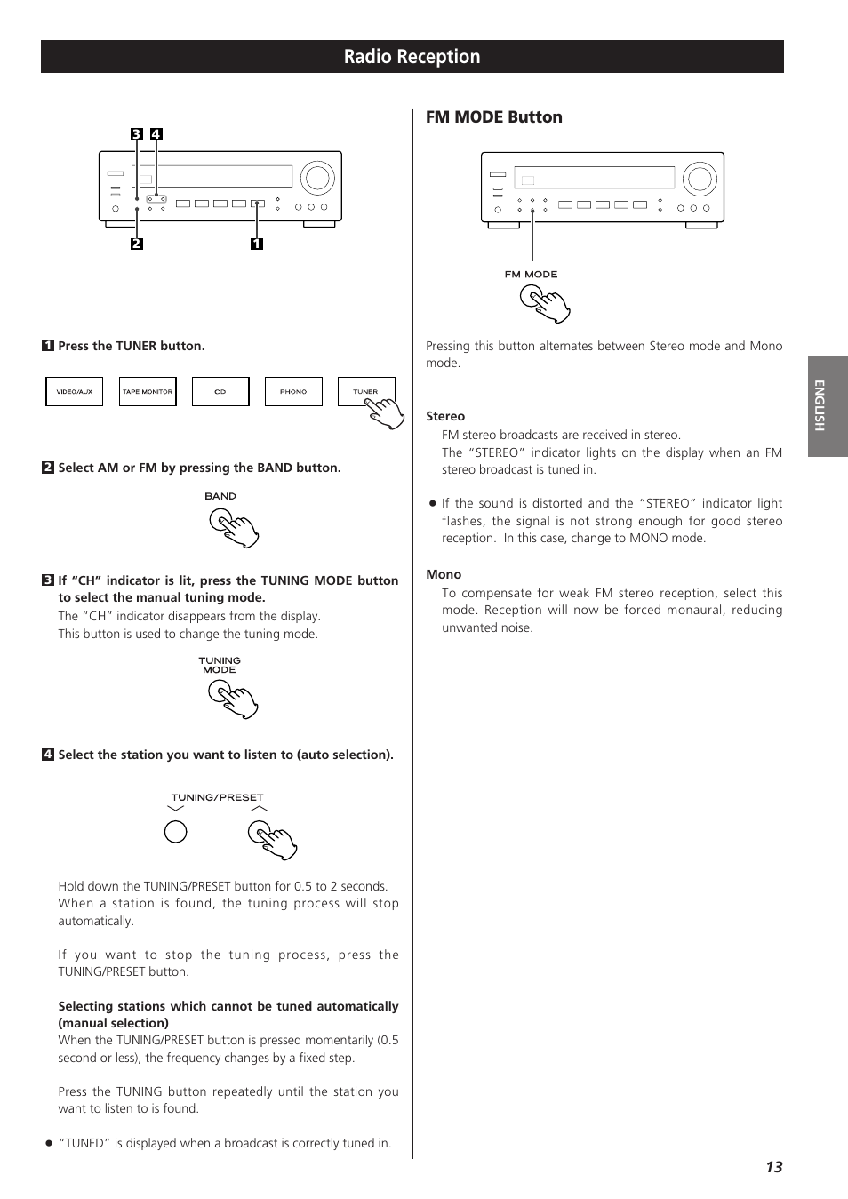 Radio reception, Fm mode button | Teac AG-790 User Manual | Page 13 / 100