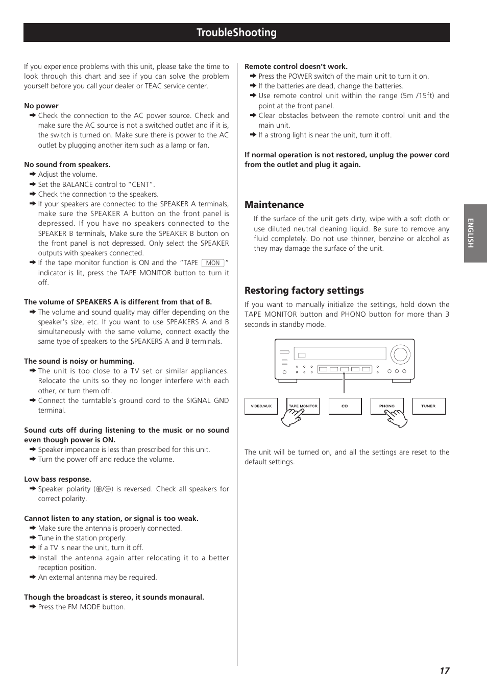 Troubleshooting, Maintenance, Restoring factory settings | Teac AG-790 User Manual | Page 17 / 100