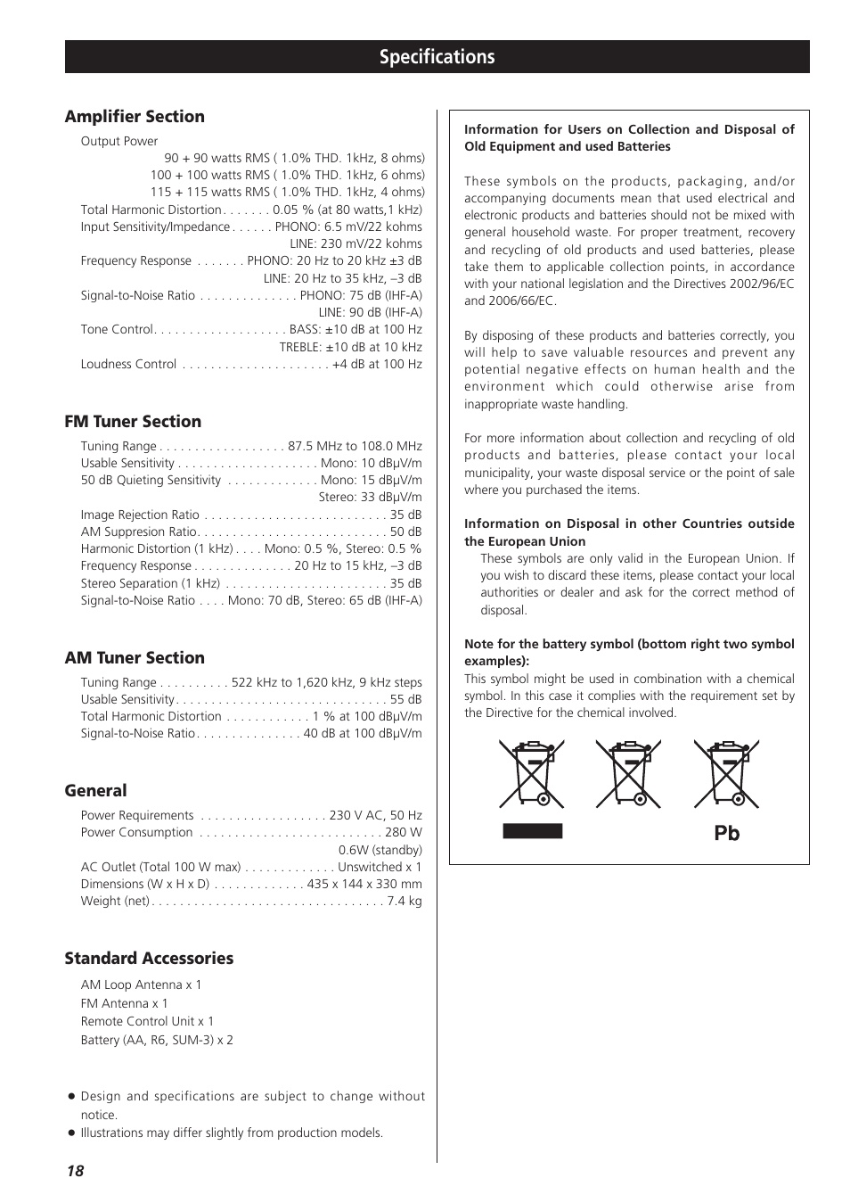 Specifications, General, Standard accessories | Teac AG-790 User Manual | Page 18 / 100