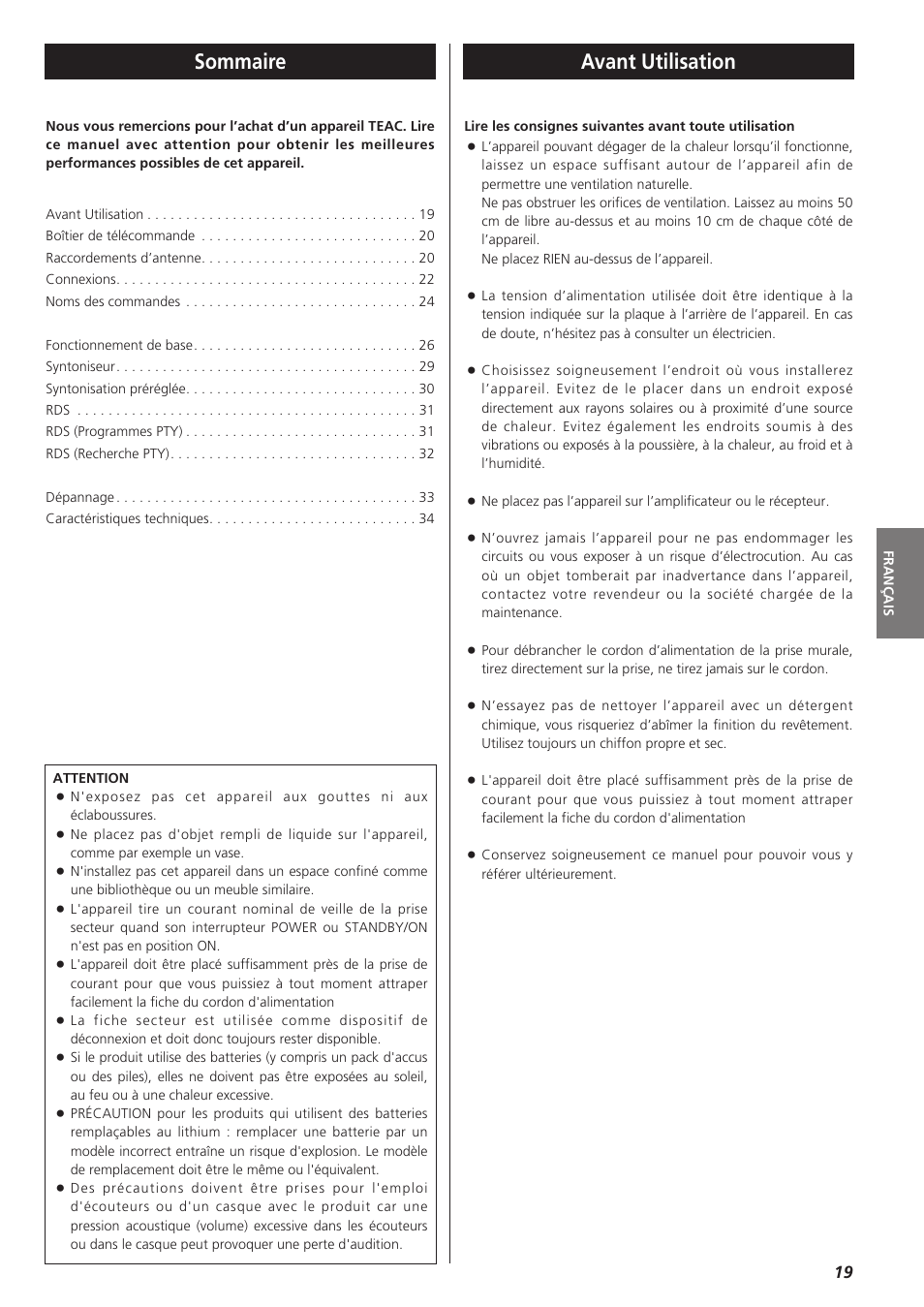 Sommaire avant utilisation | Teac AG-790 User Manual | Page 19 / 100