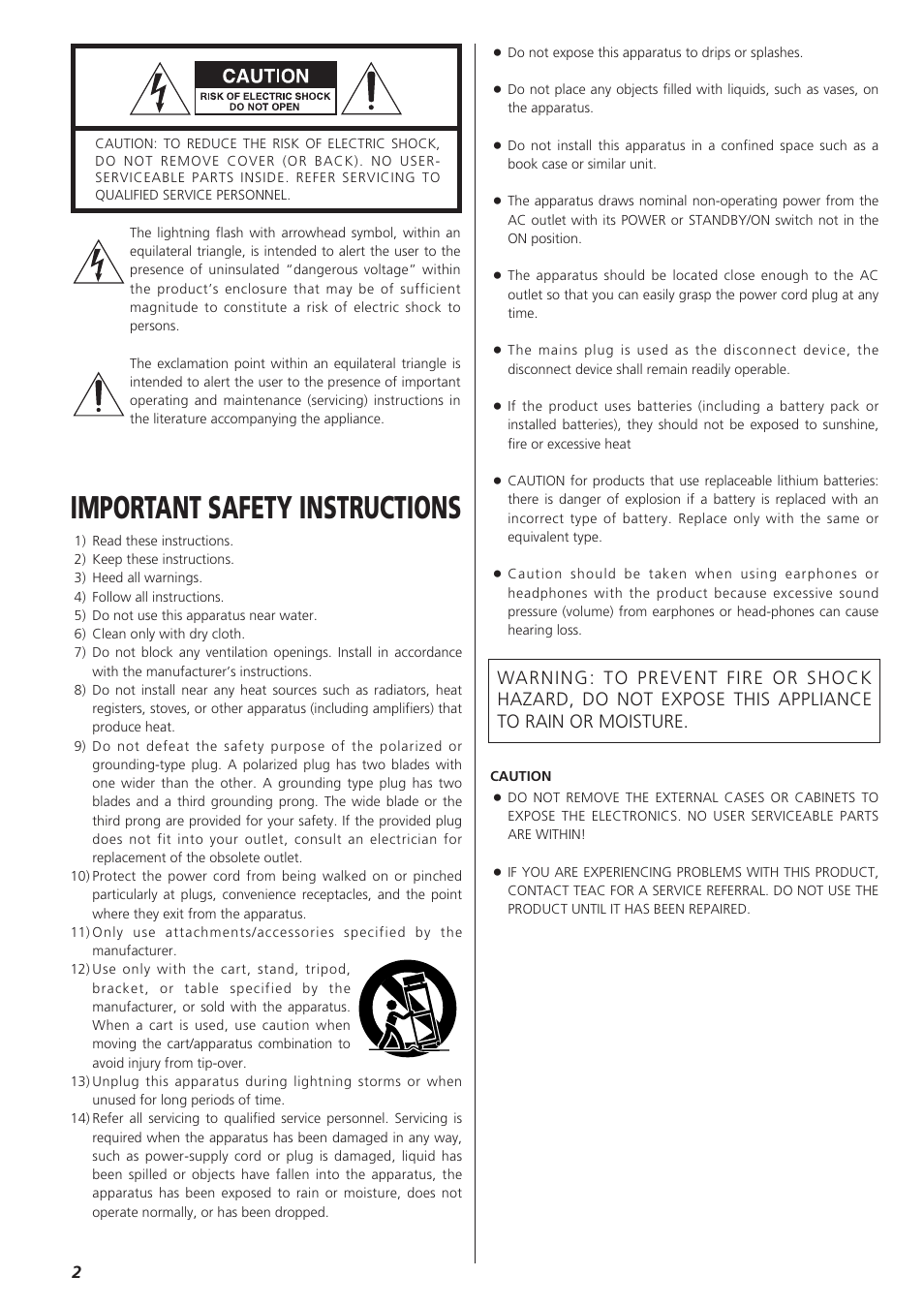 Important safety instructions | Teac AG-790 User Manual | Page 2 / 100