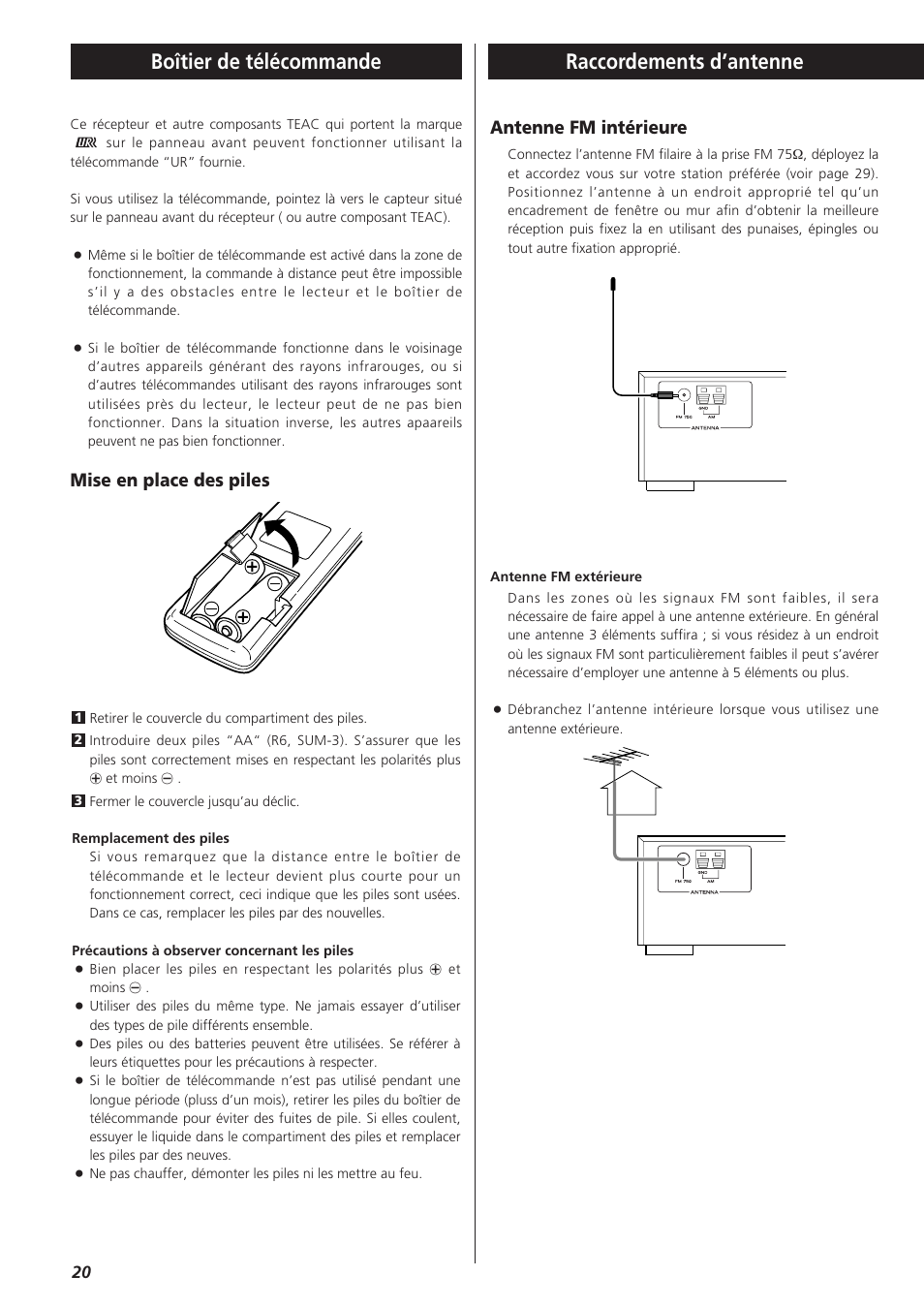 Raccordements d’antenne boîtier de télécommande, Antenne fm intérieure, Mise en place des piles | Teac AG-790 User Manual | Page 20 / 100