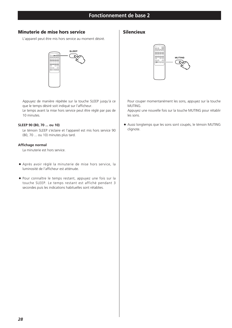 Fonctionnement de base 2, Minuterie de mise hors service, Silencieux | Teac AG-790 User Manual | Page 28 / 100